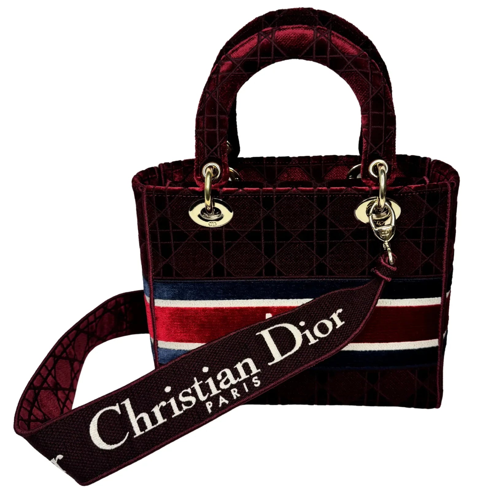 Christian Dior Velvet Cannage Medium Lady D-Lite Bag Burguandy - Lost Designer