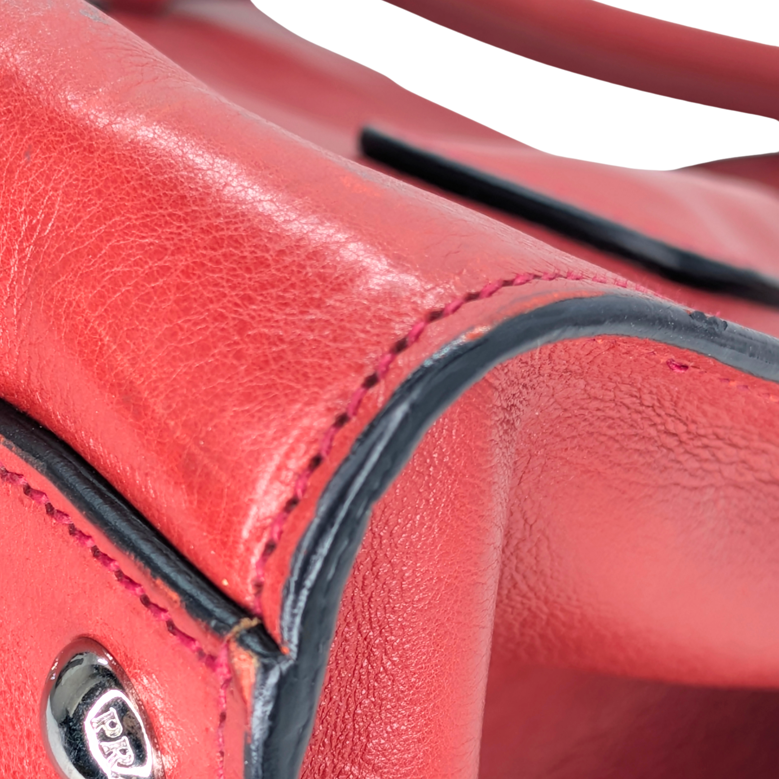 Prada Glace Calf Leather Twin Pocket Double Handle Tote Red
