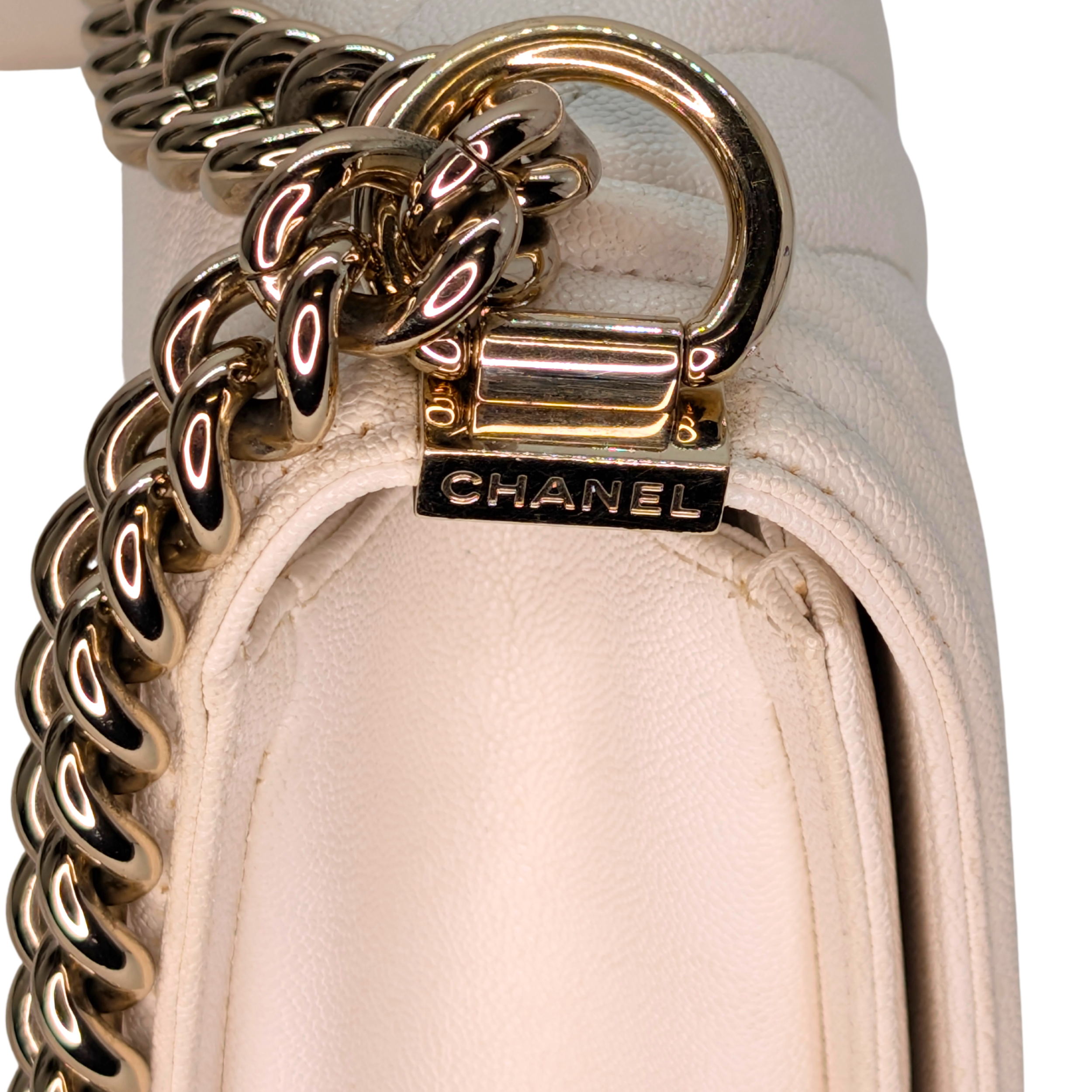 Chanel Caviar Chevron Quilted New Medium Boy Flap White
