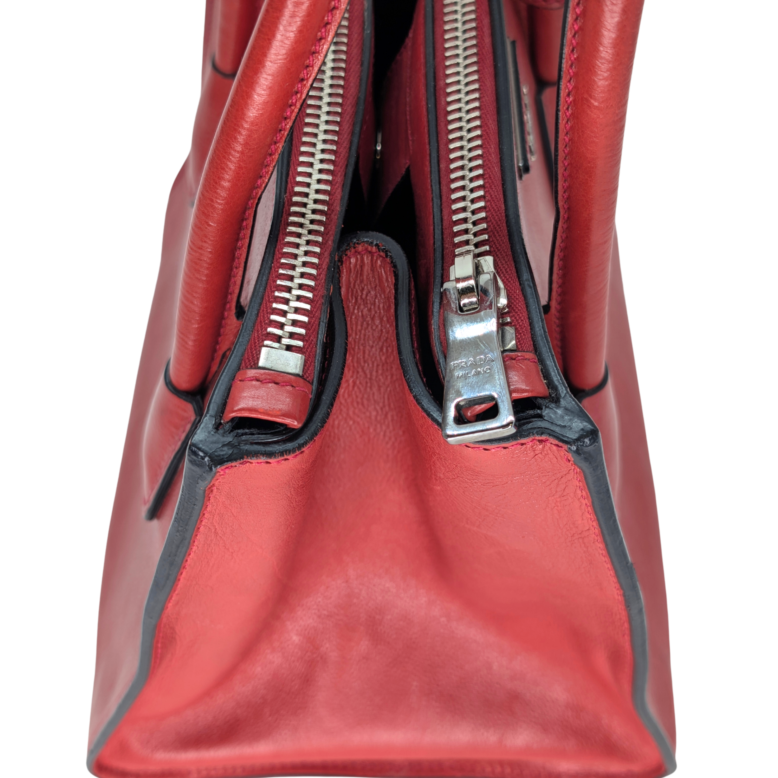 Prada Glace Calf Leather Twin Pocket Double Handle Tote Red