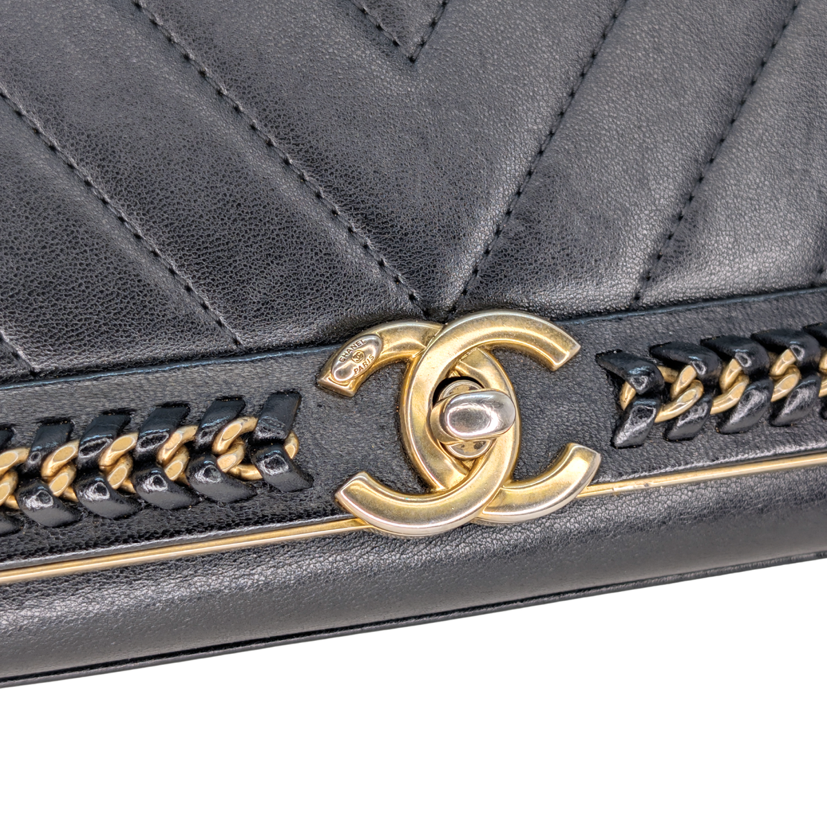 Chanel Chevron Lambskin Stitched Chain Top Handle Flap
