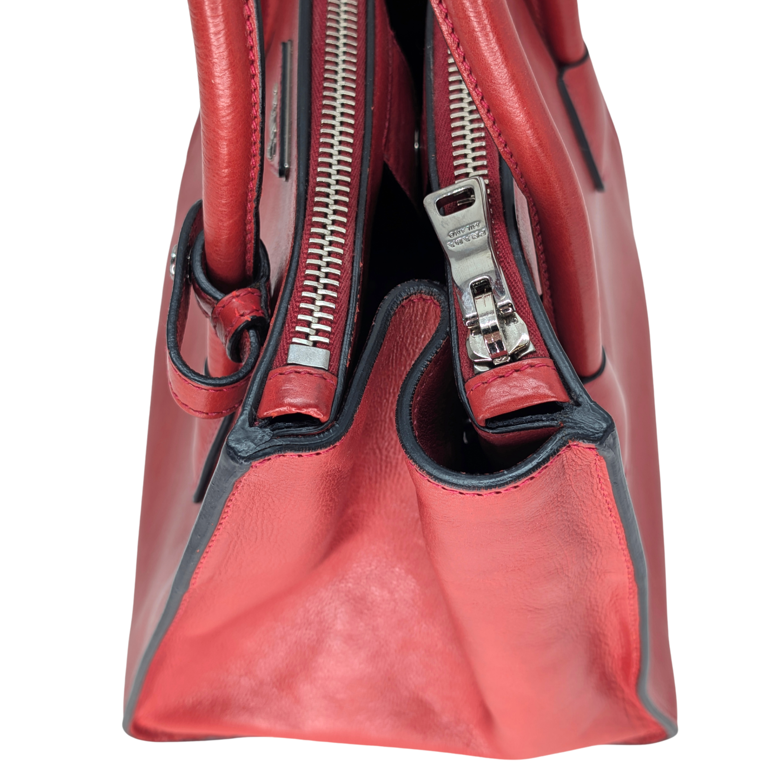 Prada Glace Calf Leather Twin Pocket Double Handle Tote Red
