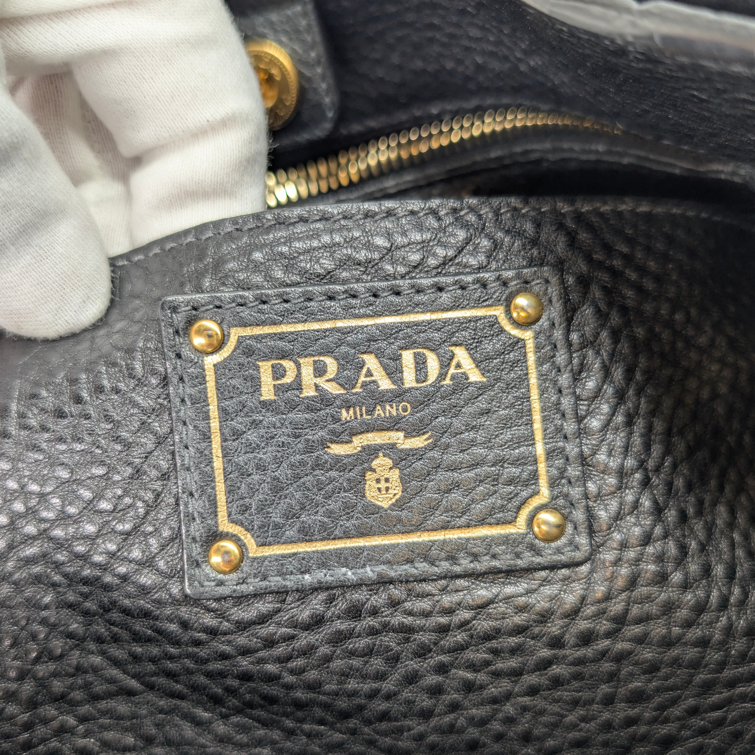 Prada Vitello Daino Side Pocket Leather Tote Bag Black
