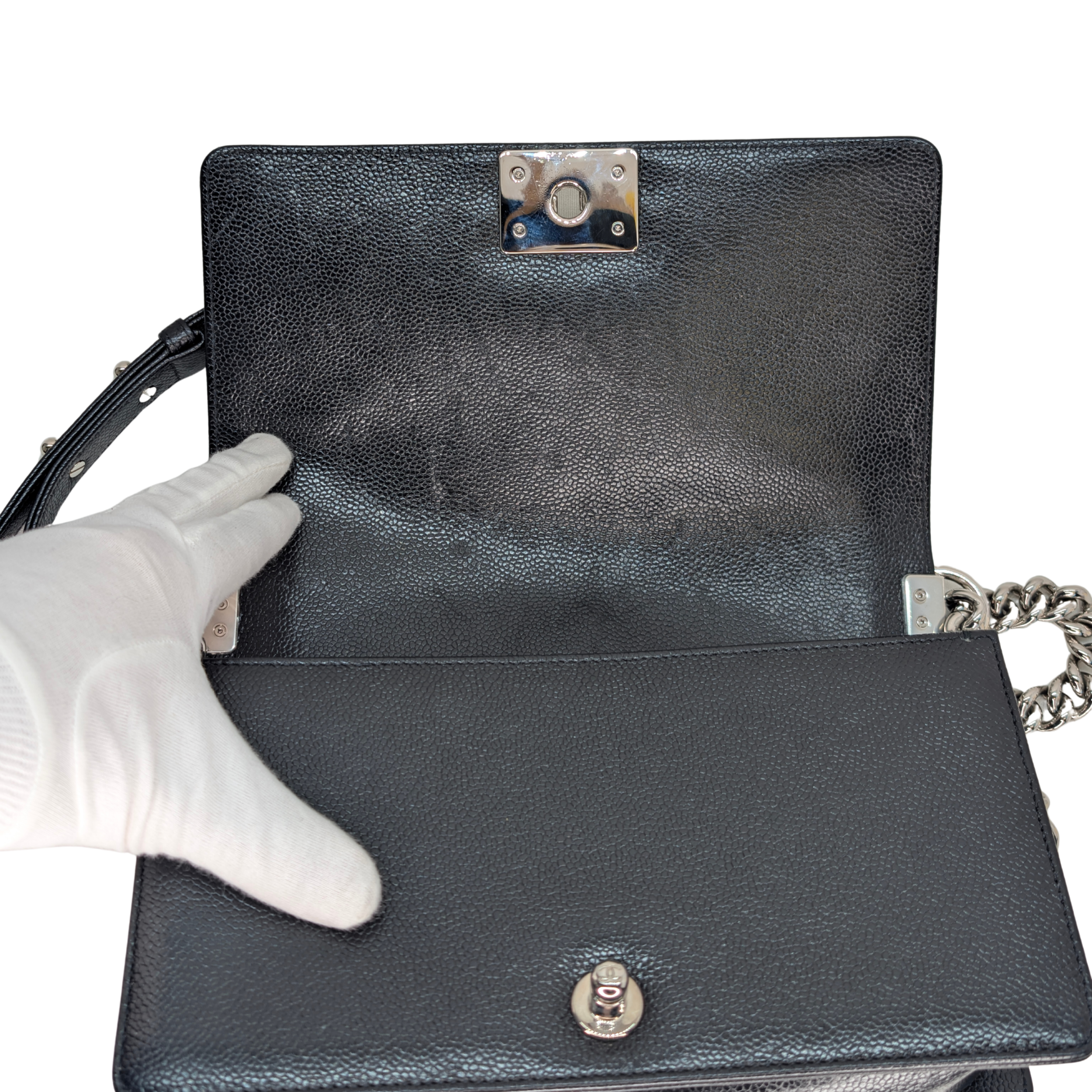 Chanel Old Medium Boy Bag Black Caviar Chevron SHW