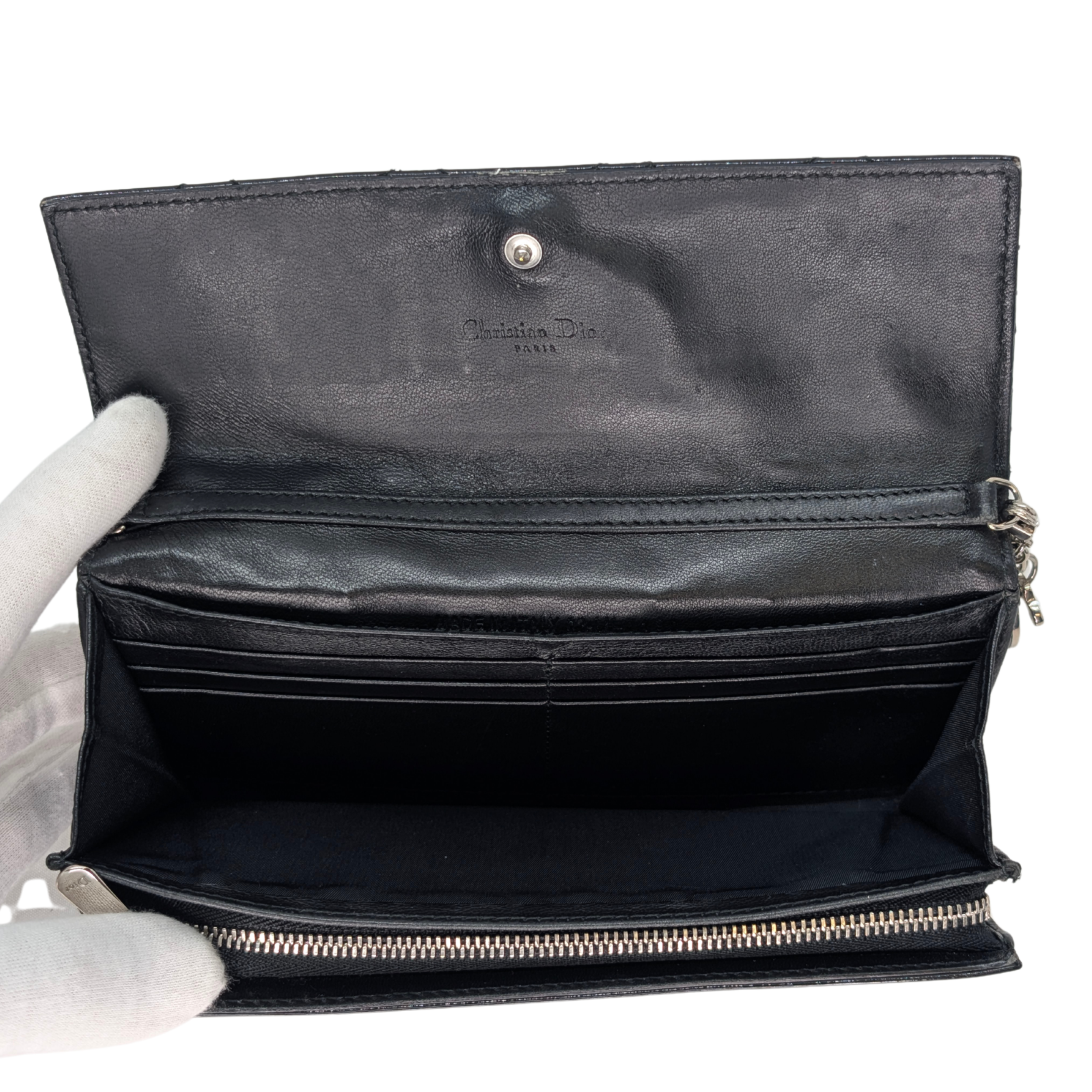 Dior Patent Leather Long Wallet With Chain Black