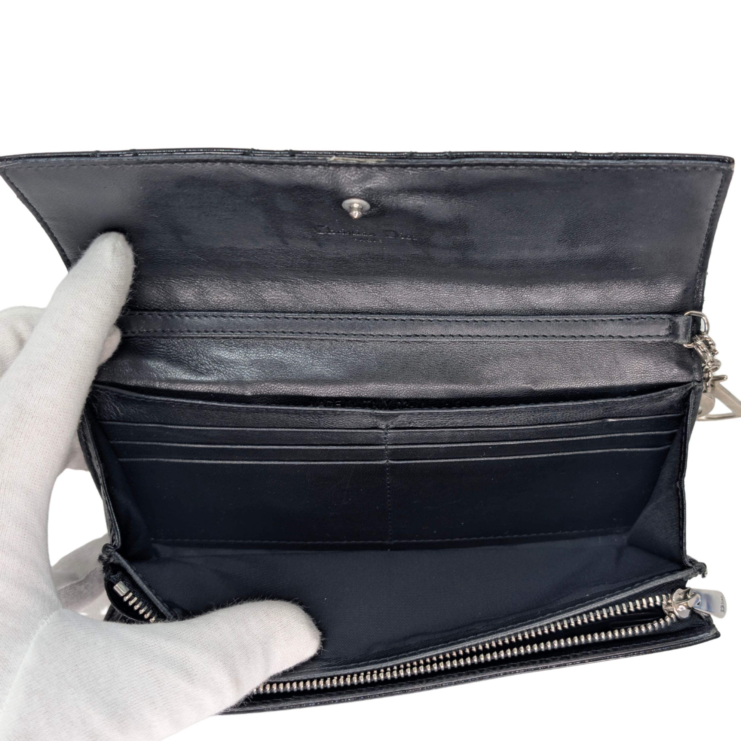Dior Patent Leather Long Wallet With Chain Black