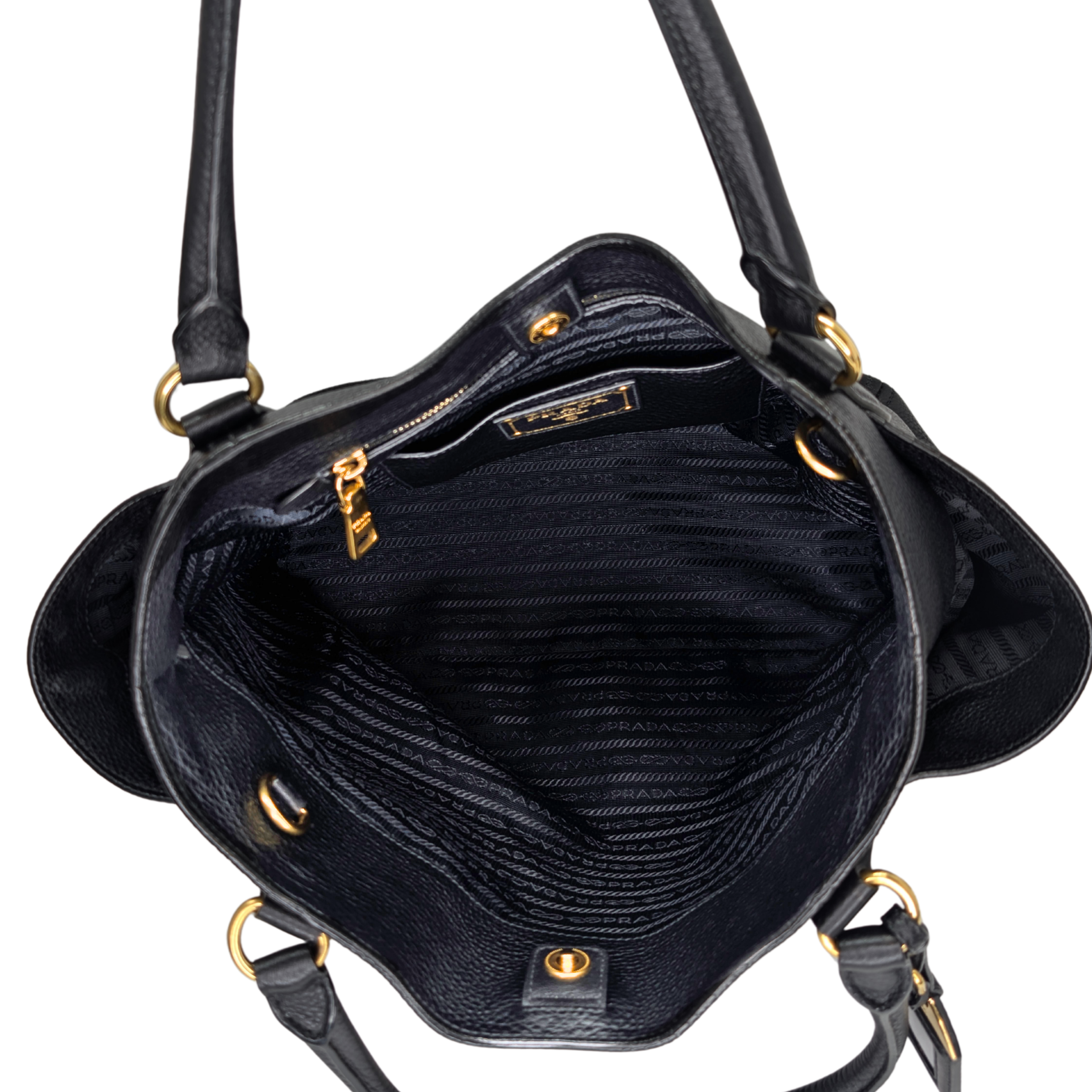 Prada Vitello Daino Side Pocket Leather Tote Bag Black