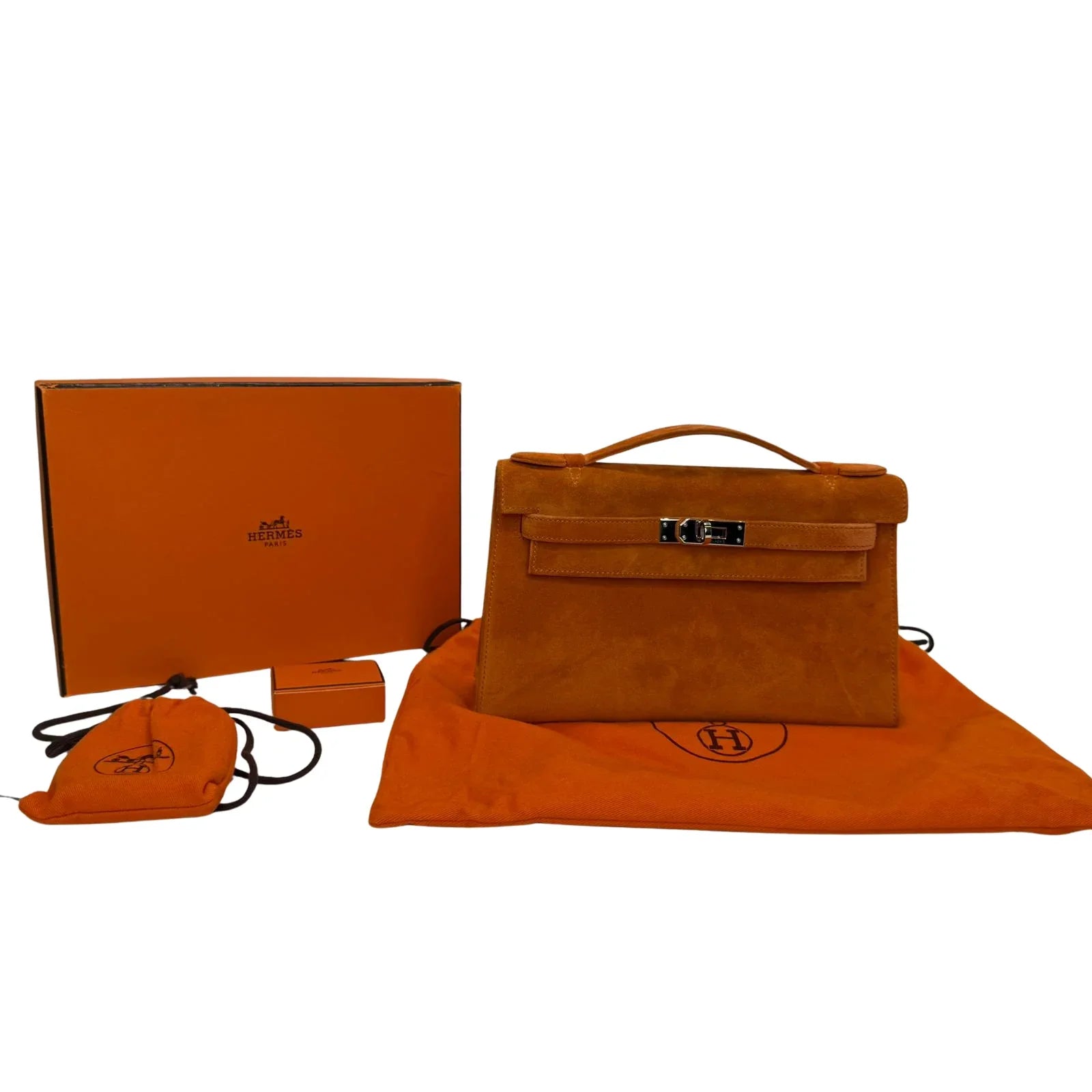Hermès Kelly Pochette Orange H Veau Doblis Suede PWH ☐ I Stamp - Lost Designer