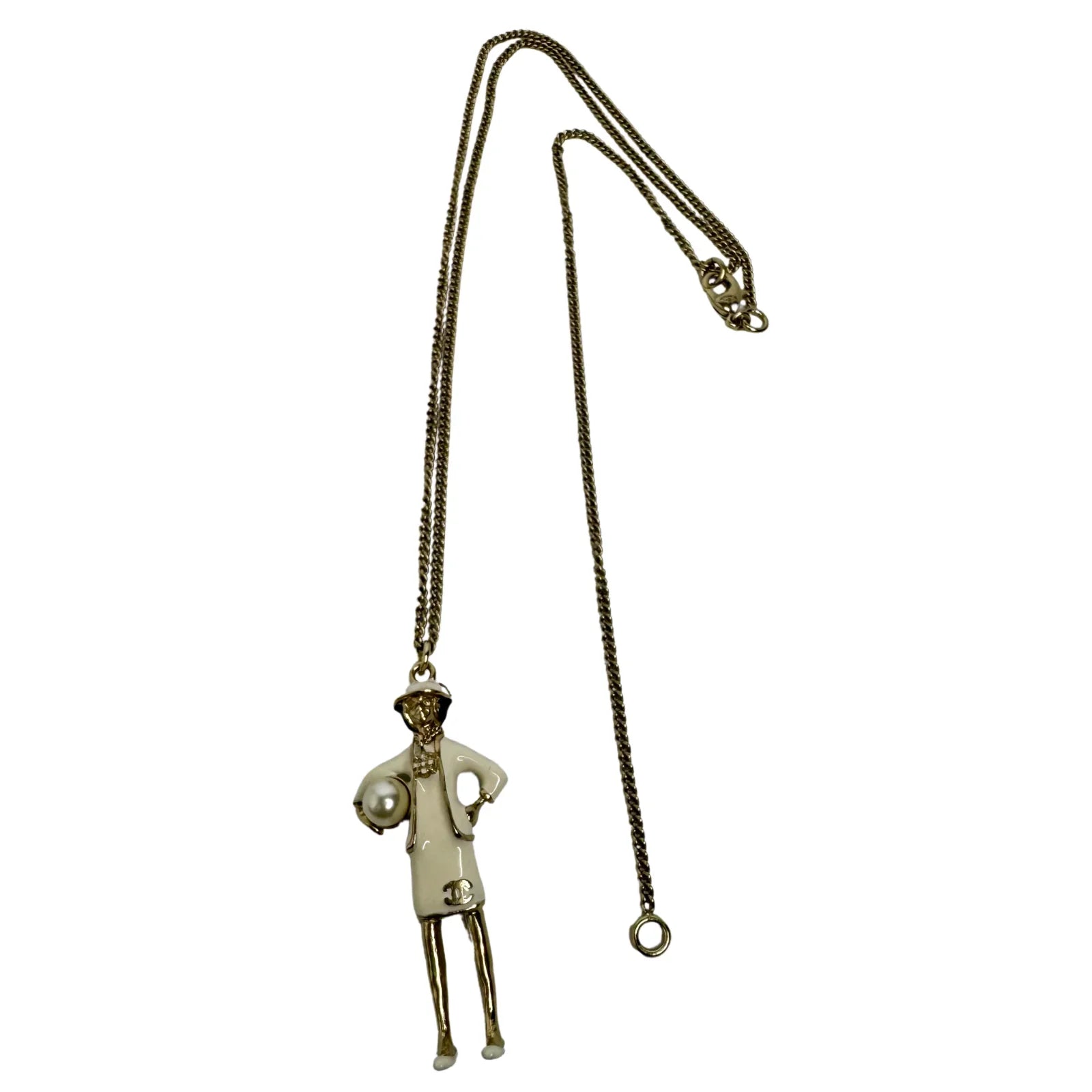 Chanel Mademoiselle Figurine Enamel Pearl Coco CC Pendant Necklace - Lost Designer