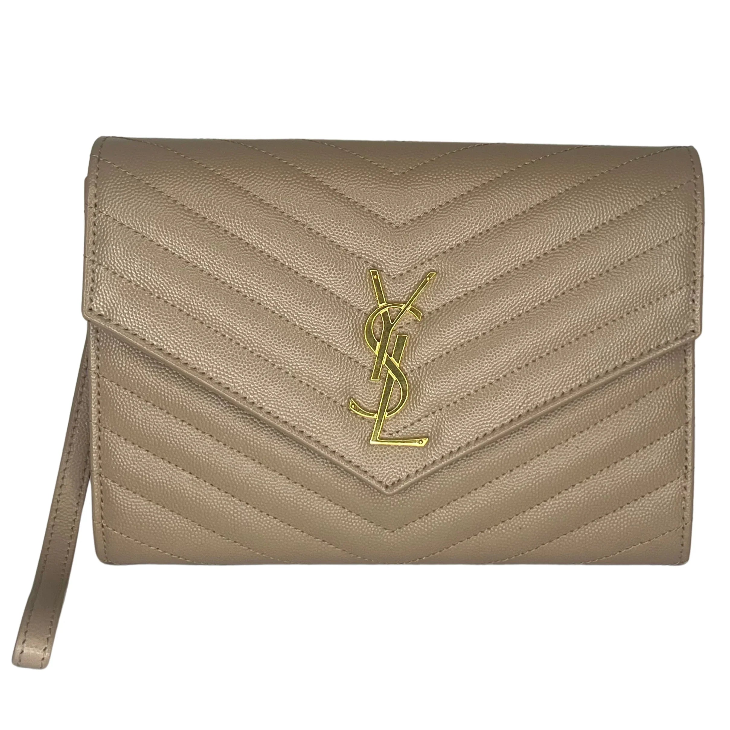 Saint Laurent Cassandra Clutch – Chevron Quilted Leather Beige - Lost Designer