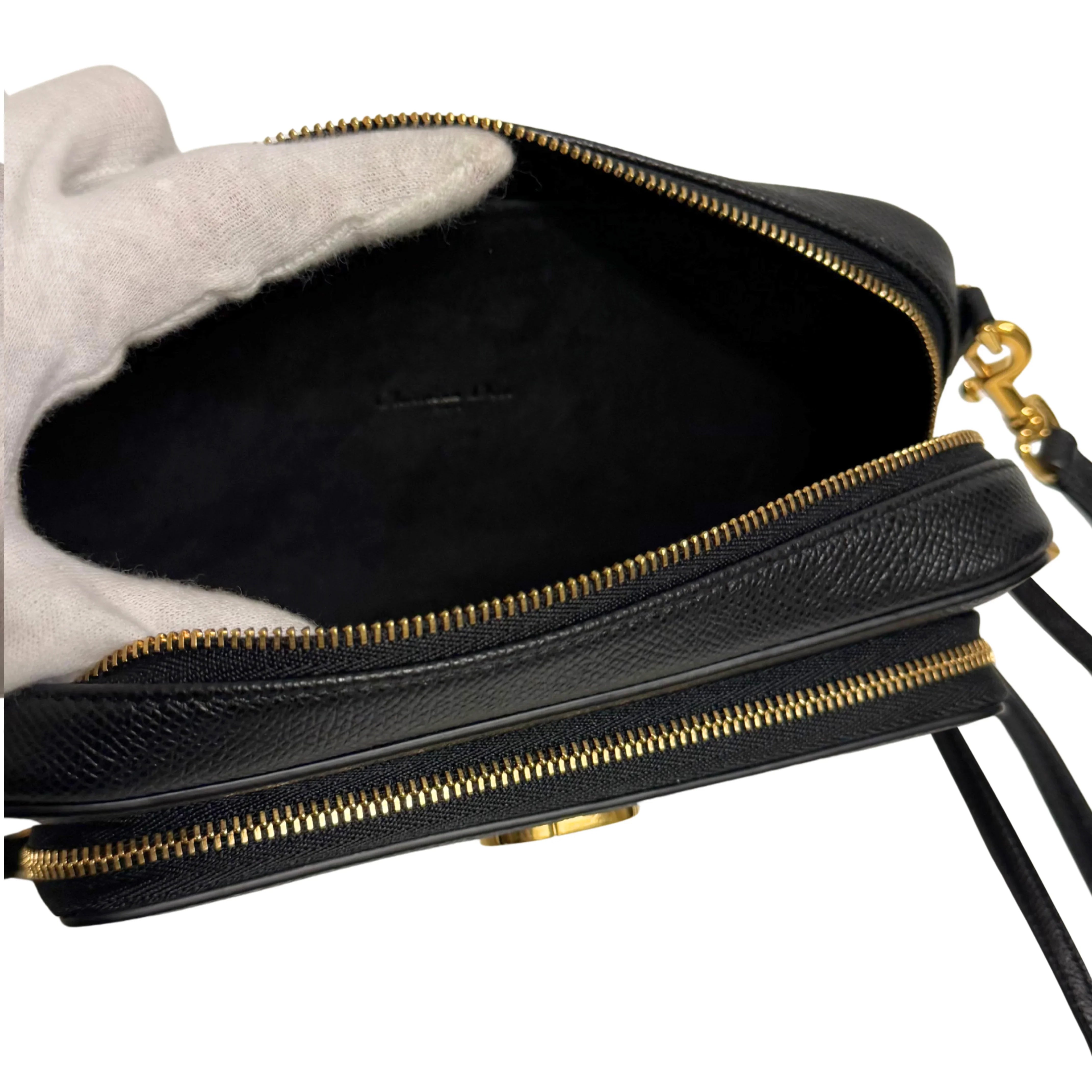 Christian Dior Caro Grained Leather Double Pouch Crossbody Bag Black - Lost Designer
