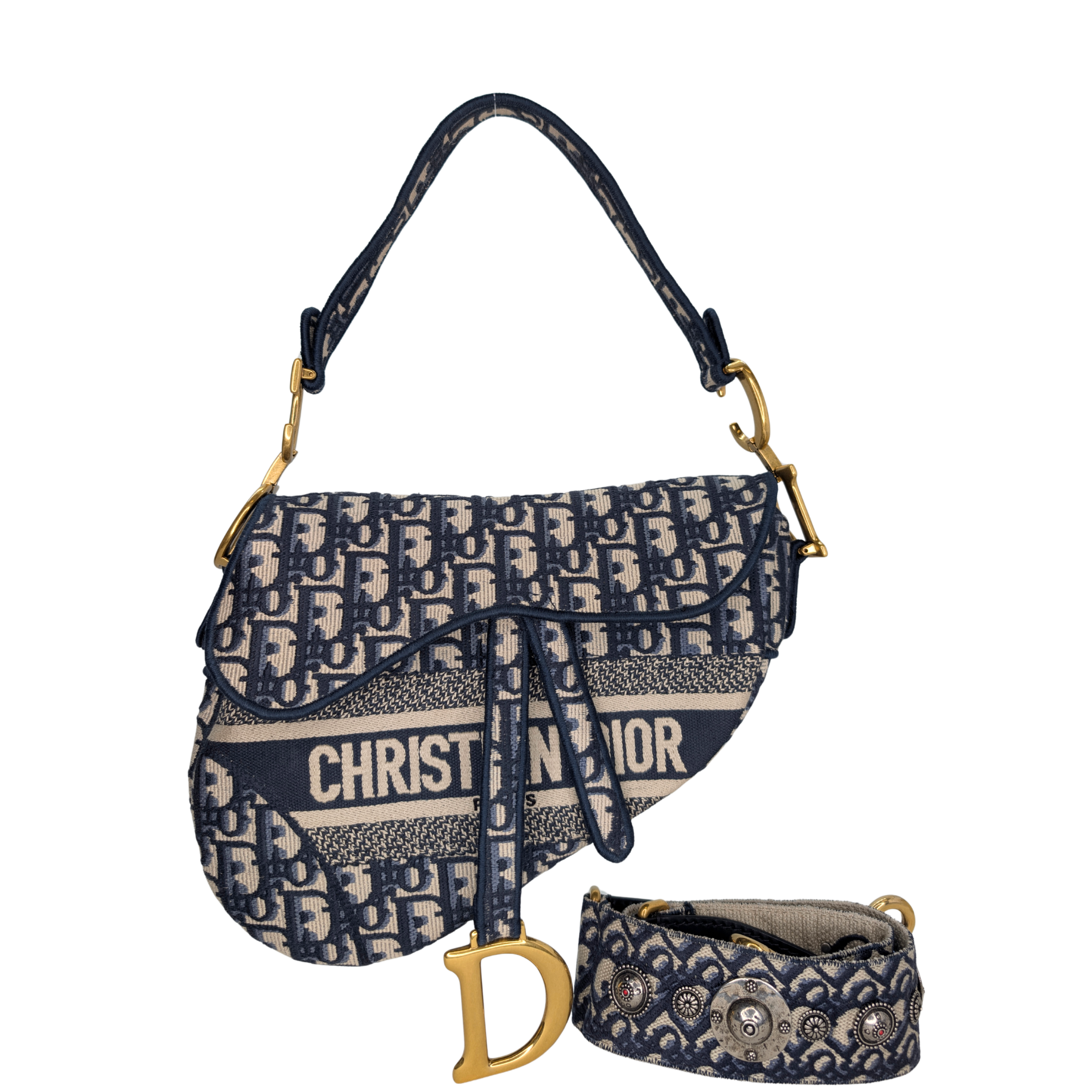 Dior Medium Saddle Bag Navy Oblique with Strap
