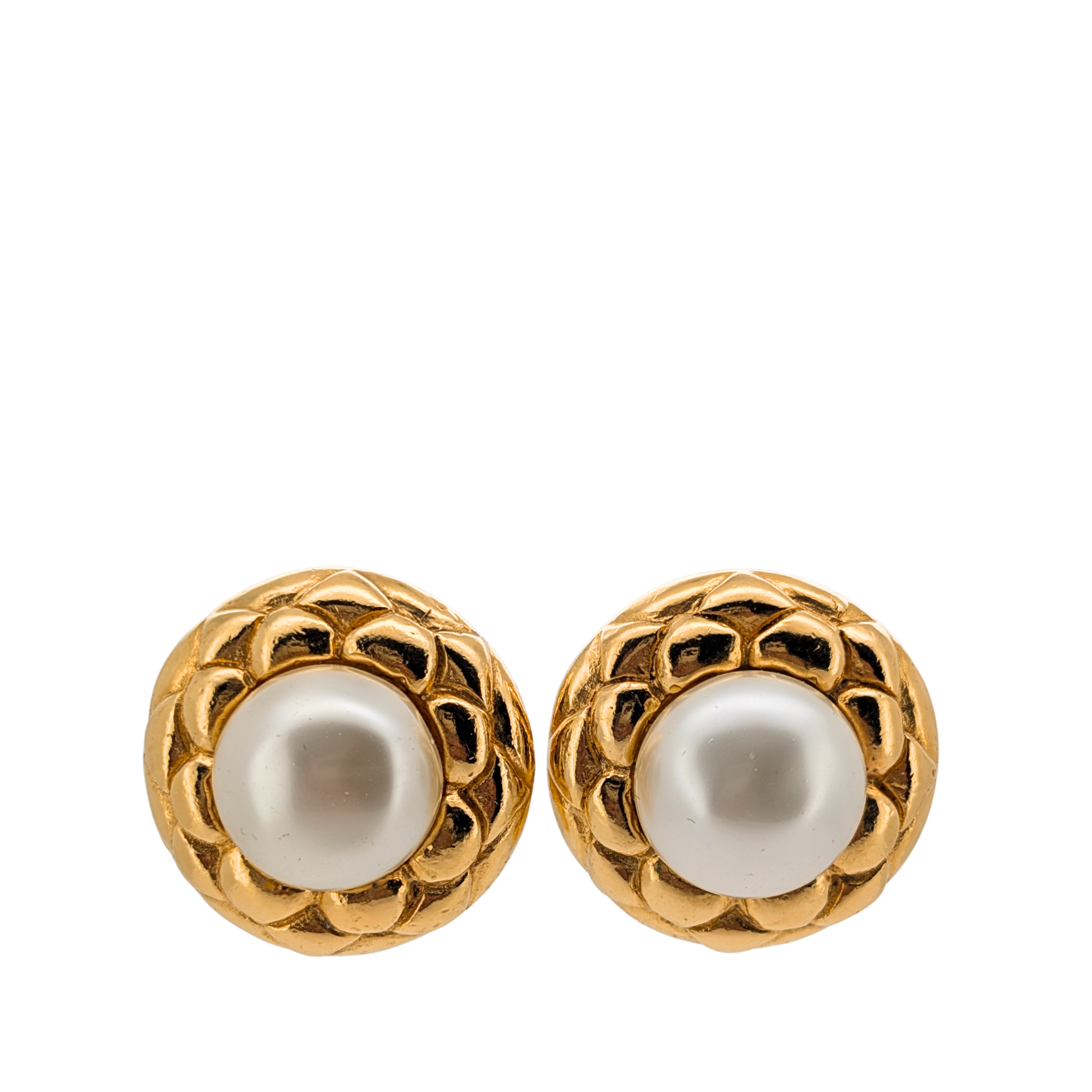 Chanel Vintage Quilted Gold Tone Faux Pearl Clip on Earrings