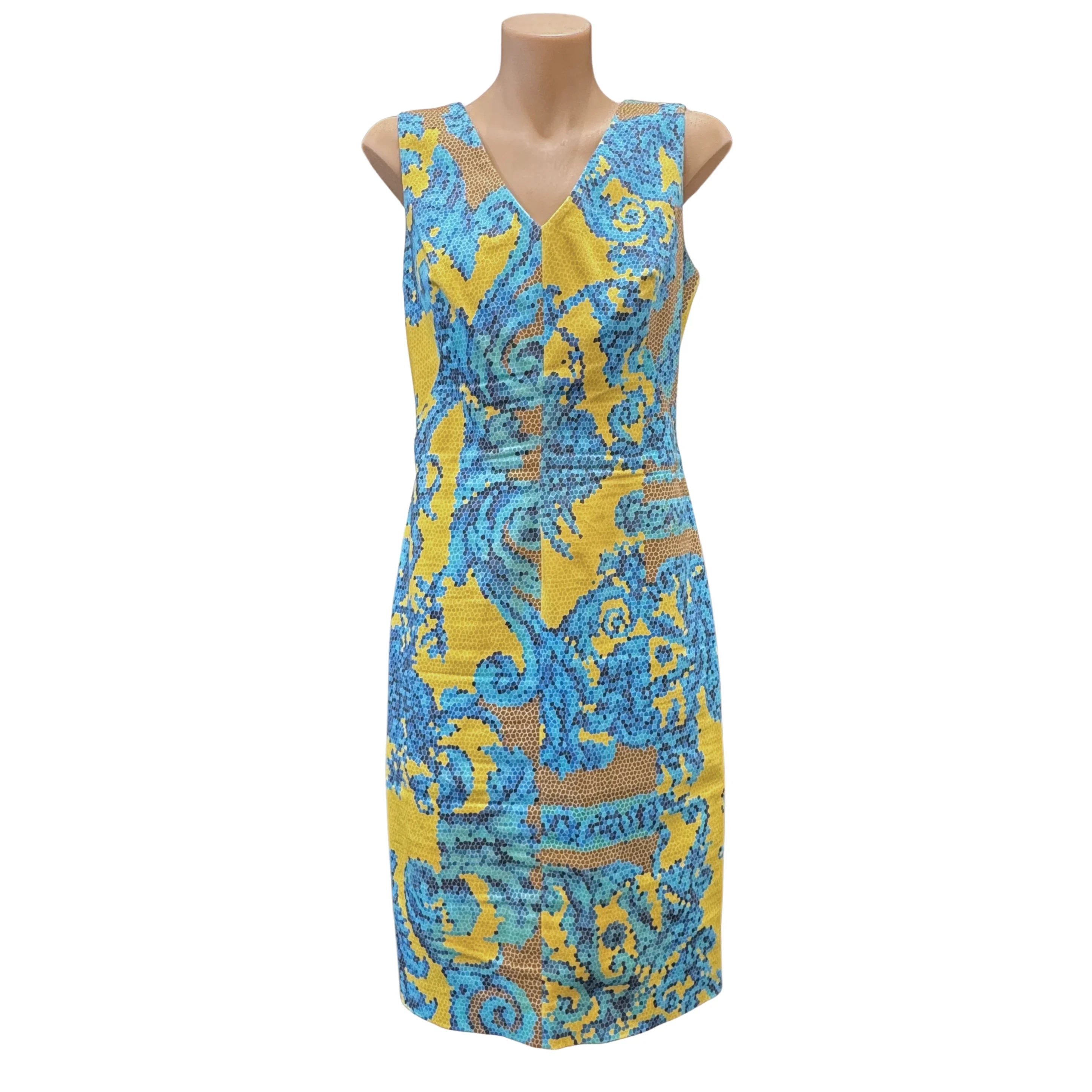 Versace Yellow x Blue Baroque Print Sleeveless Sheath Dress Size 42 - Lost Designer