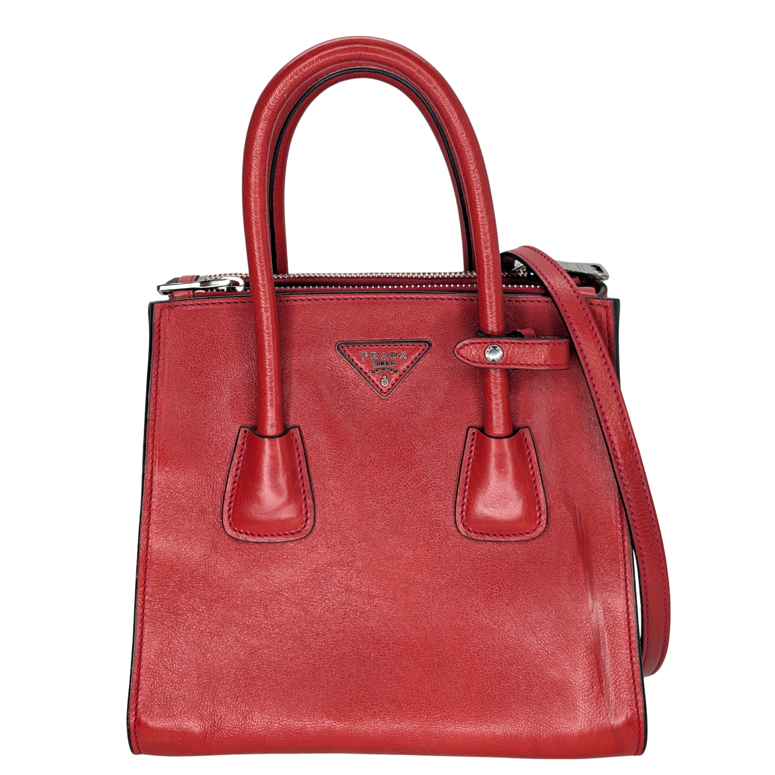Prada Glace Calf Leather Twin Pocket Double Handle Tote Red