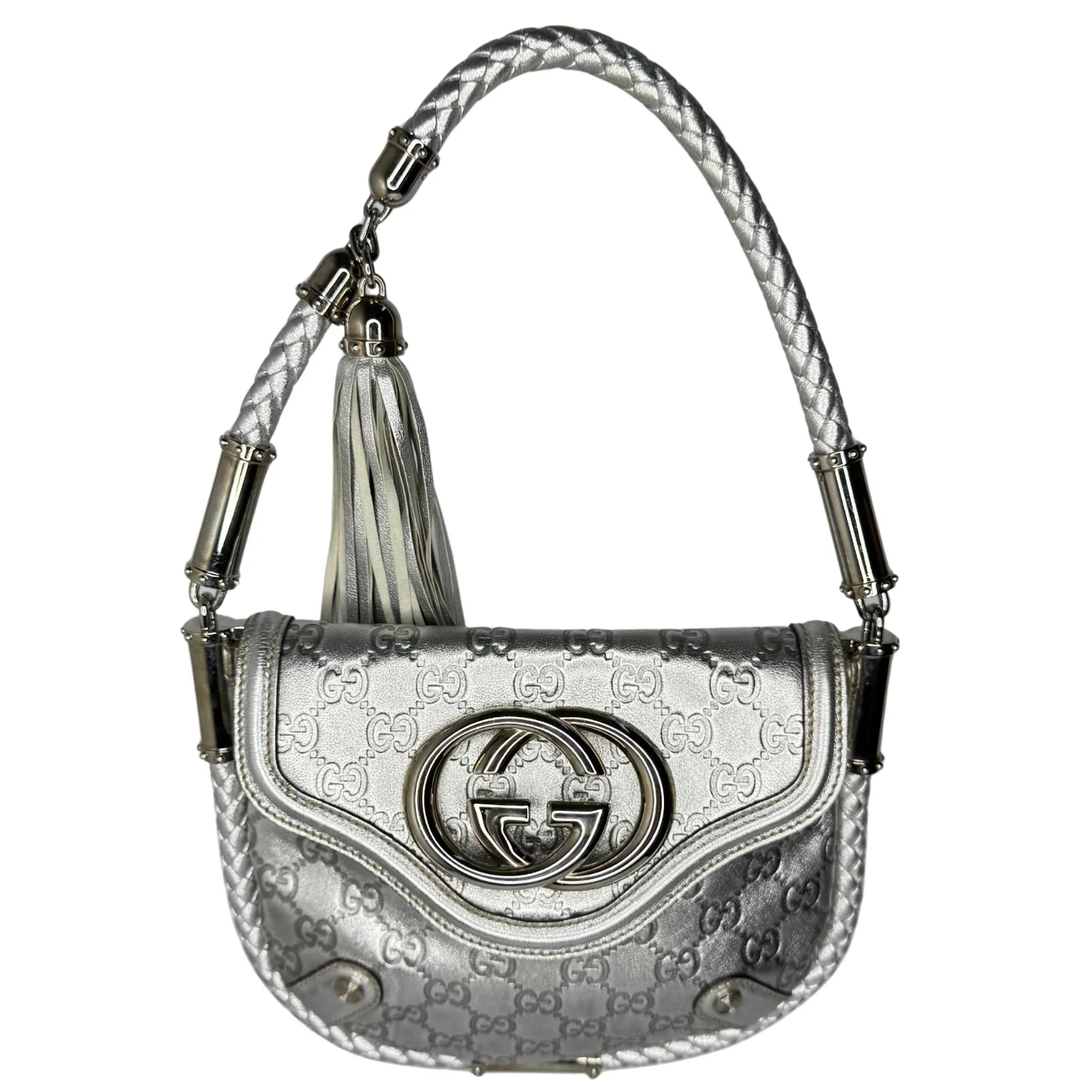 Gucci Guccissima Small Britt Tassel Shoulder Bag – Silver - Lost Designer