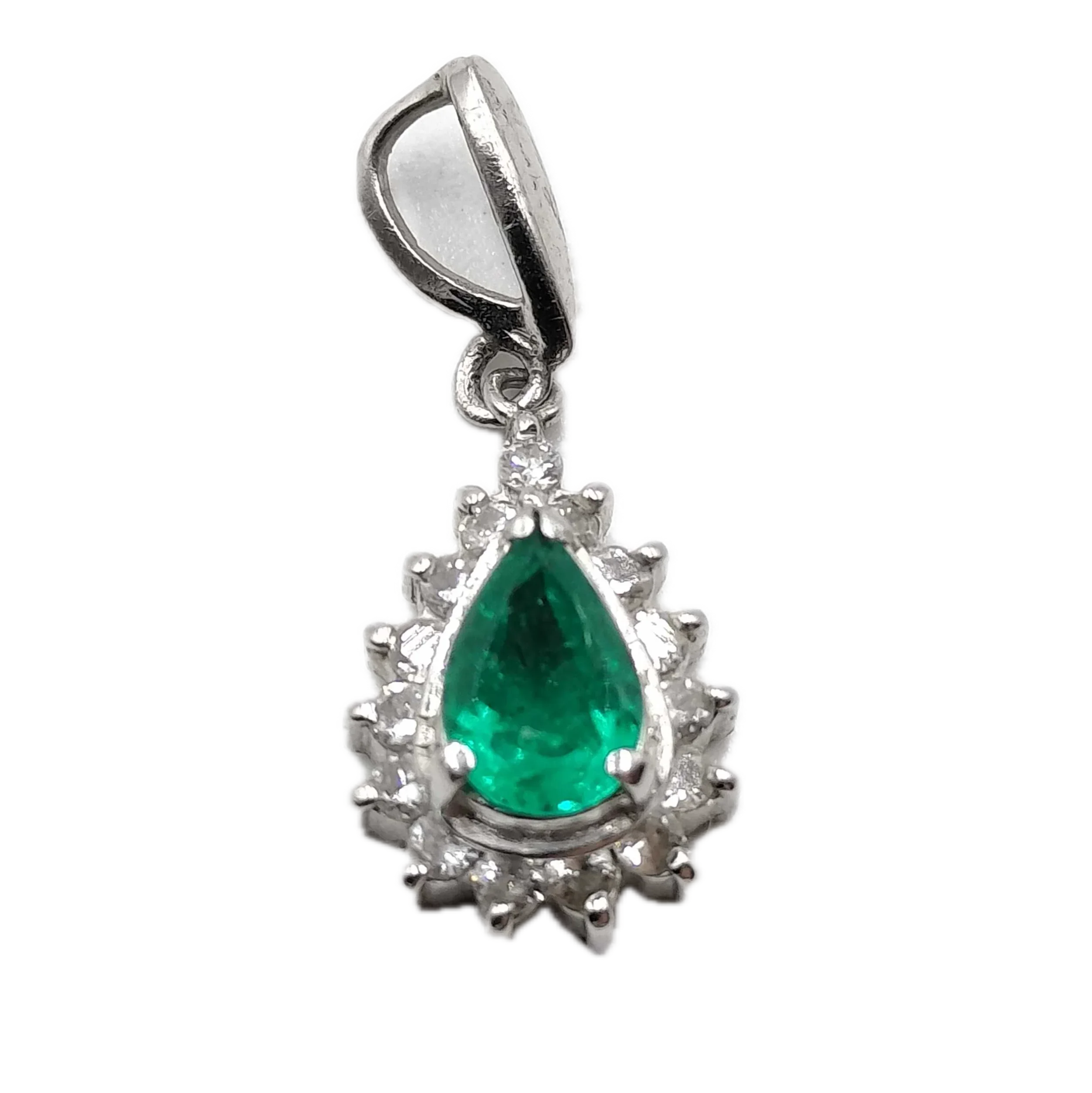 Platinum 900 Natural Emerald 0.40ct & Diamond 0.15ct Pear Halo Pendant - Lost Designer