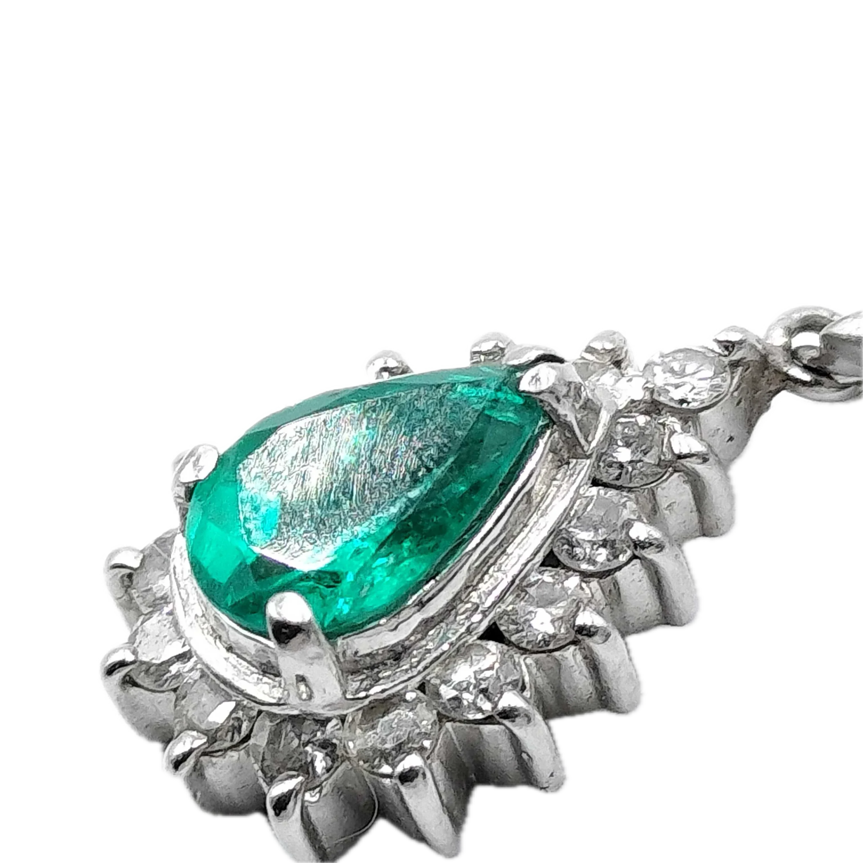 Platinum 900 Natural Emerald 0.40ct & Diamond 0.15ct Pear Halo Pendant - Lost Designer