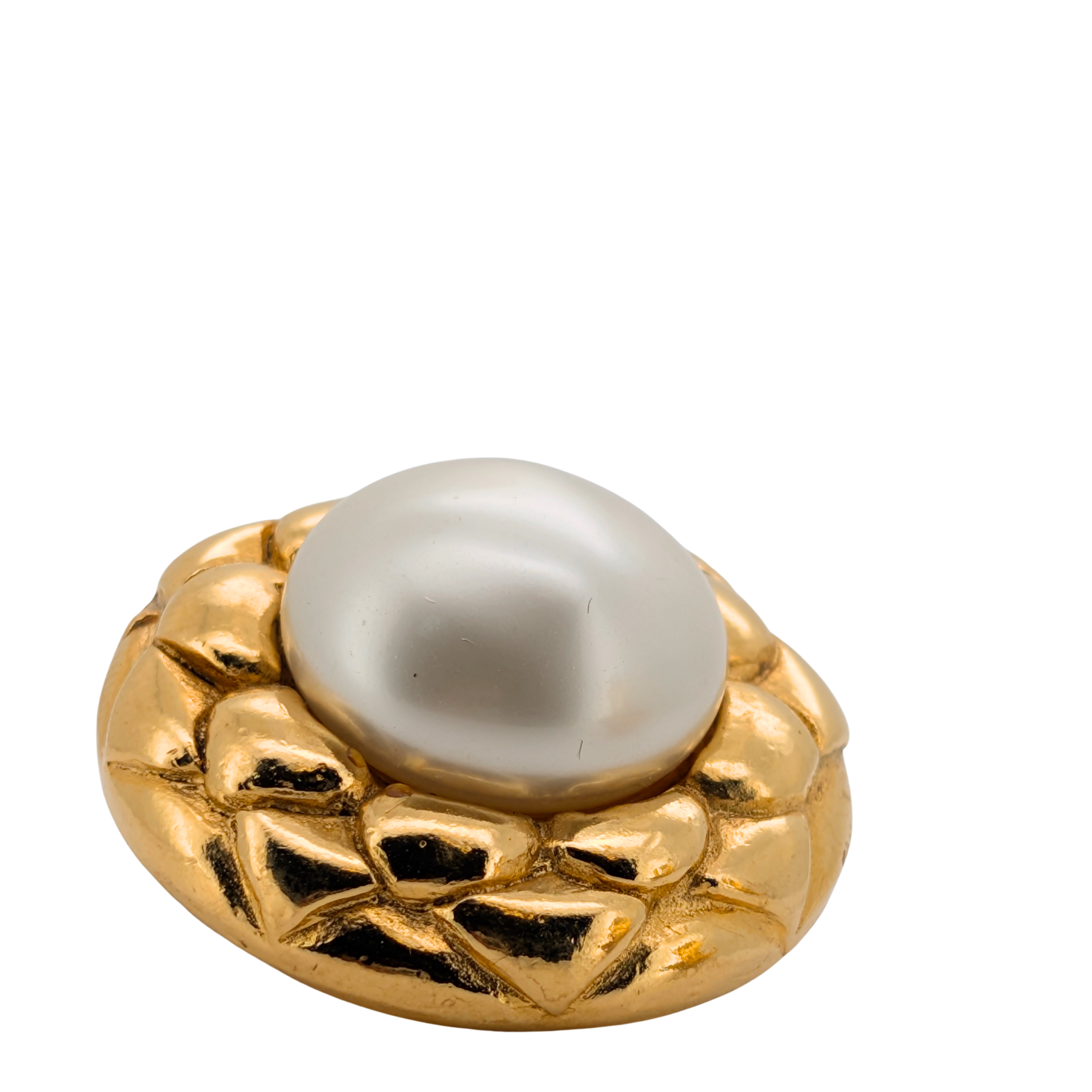 Chanel Vintage Quilted Gold Tone Faux Pearl Clip on Earrings