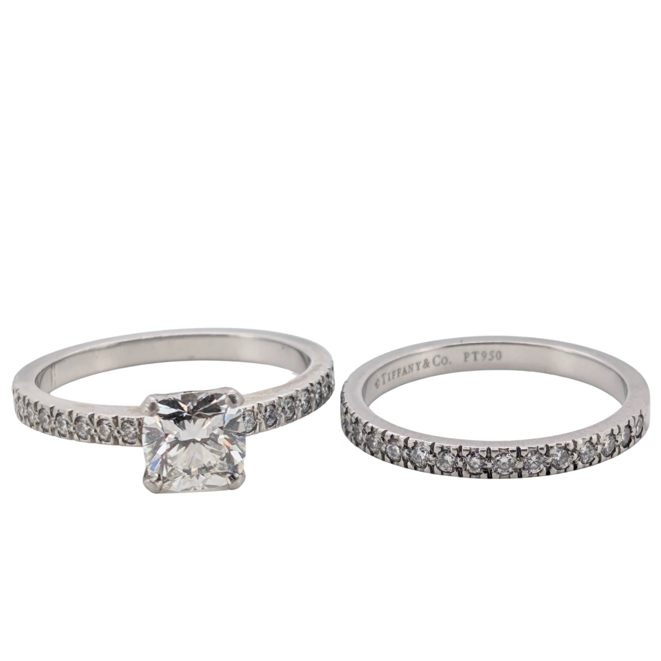 Tiffany & Co. Novo Cushion Cut Diamond Ring 1.02ct Platinum Matching Band