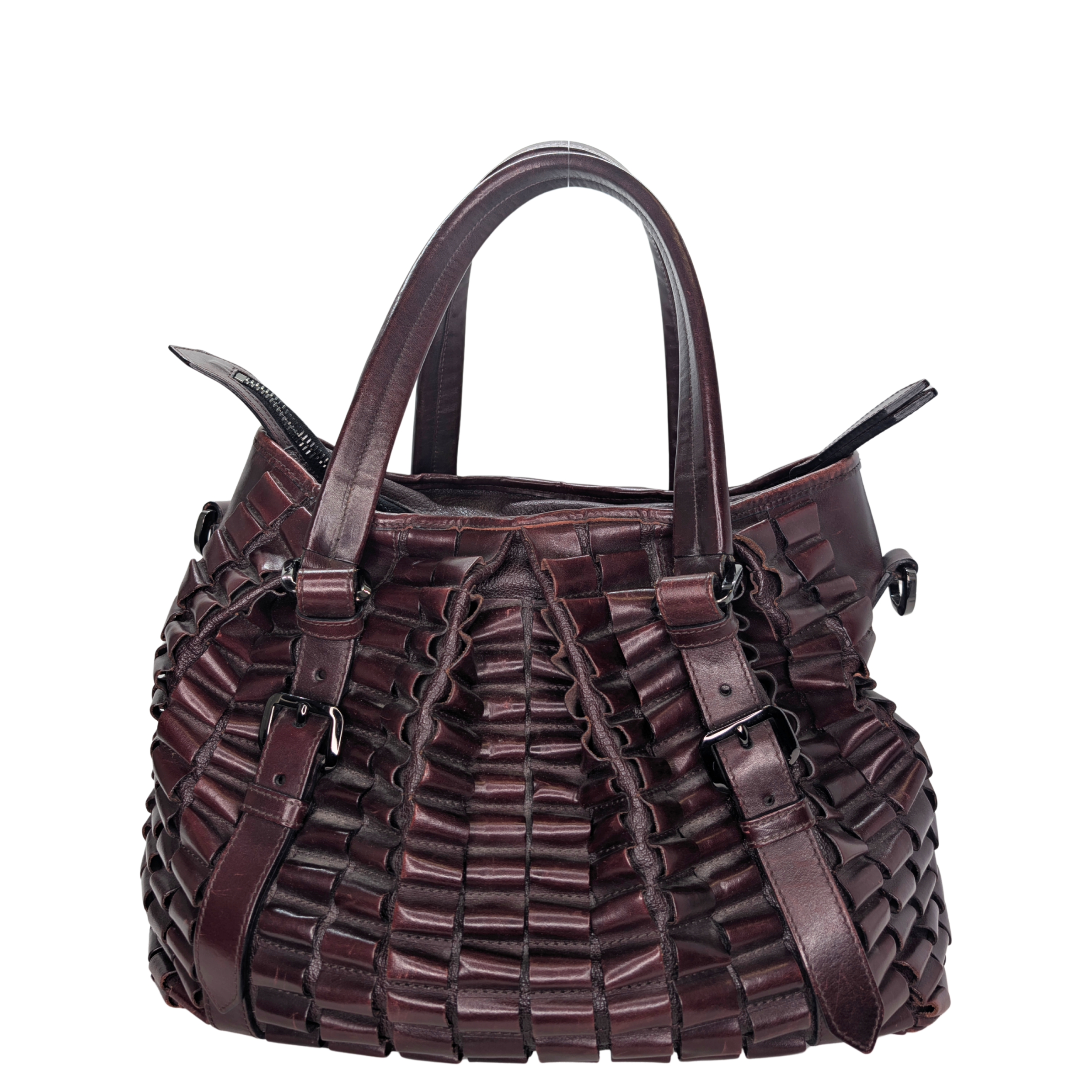 Burberry Leather Cartridge Pleat Tote Bag Burgundy