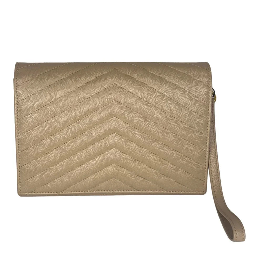 Saint Laurent Cassandra Clutch – Chevron Quilted Leather Beige - Lost Designer