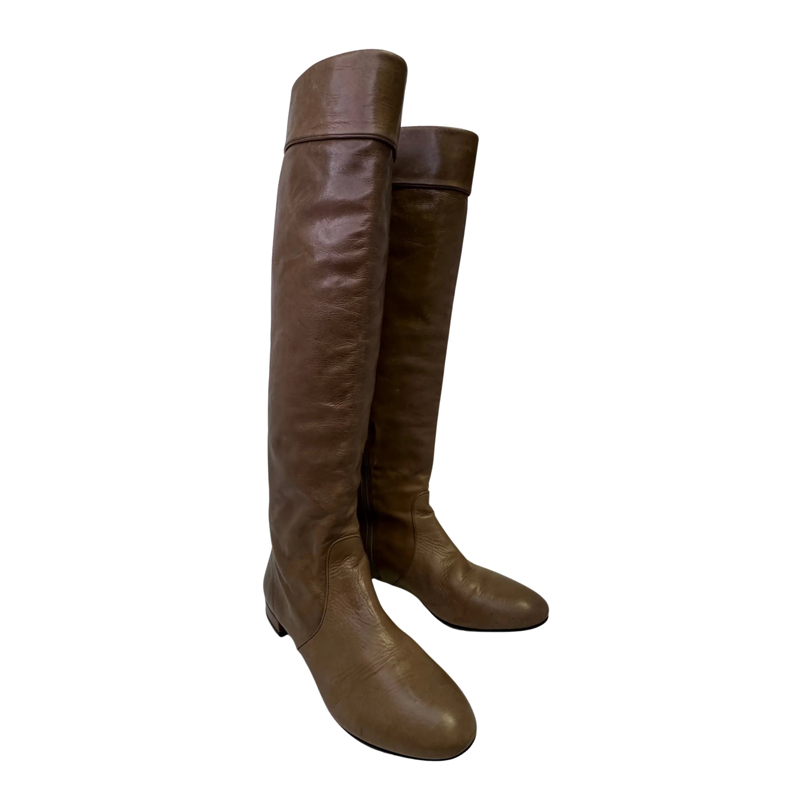 Prada Brown Leather Knee High Flat Boots Size 39 - Lost Designer