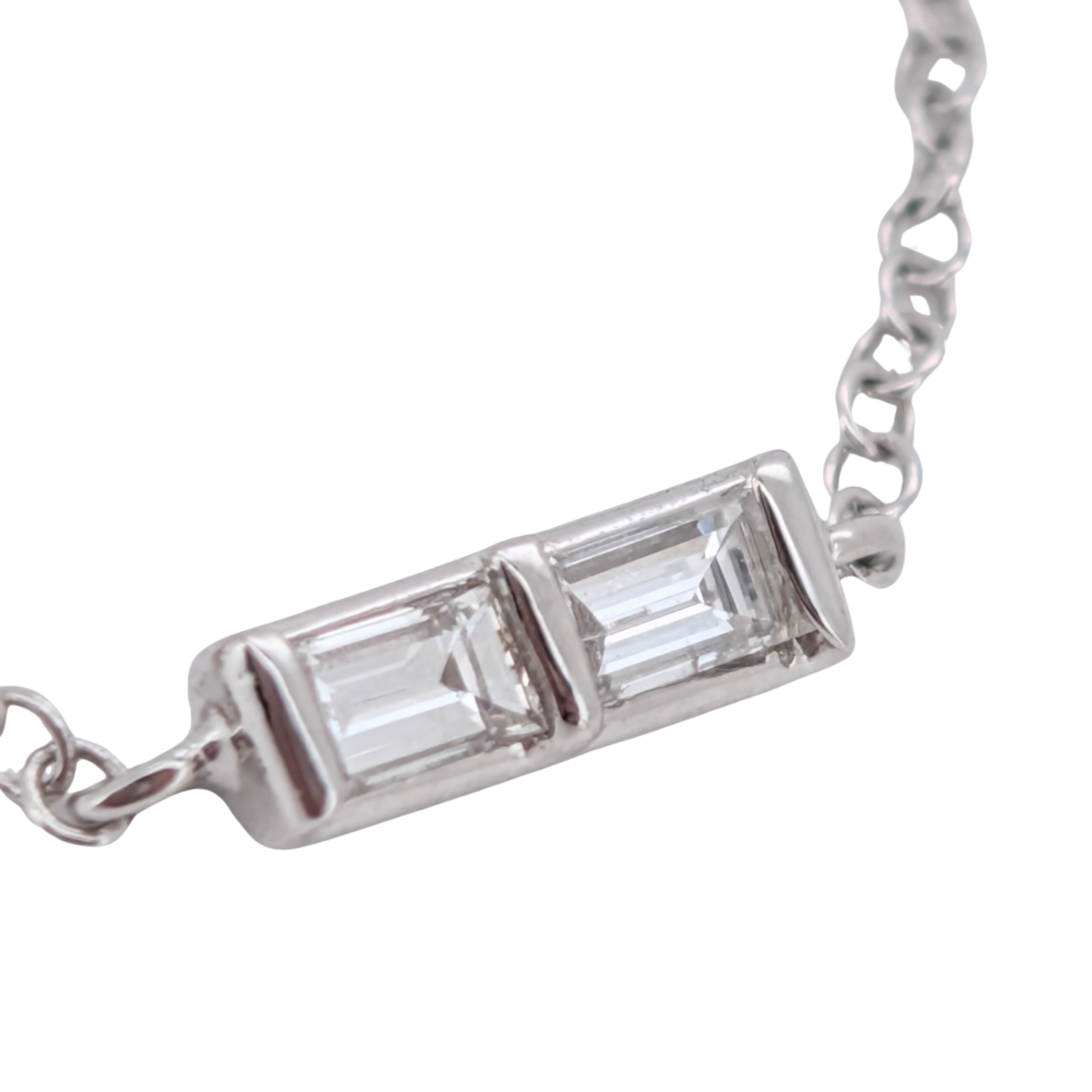 0.10Ct Natural Baguette Cut Diamond Chain Ring In 18K White Gold