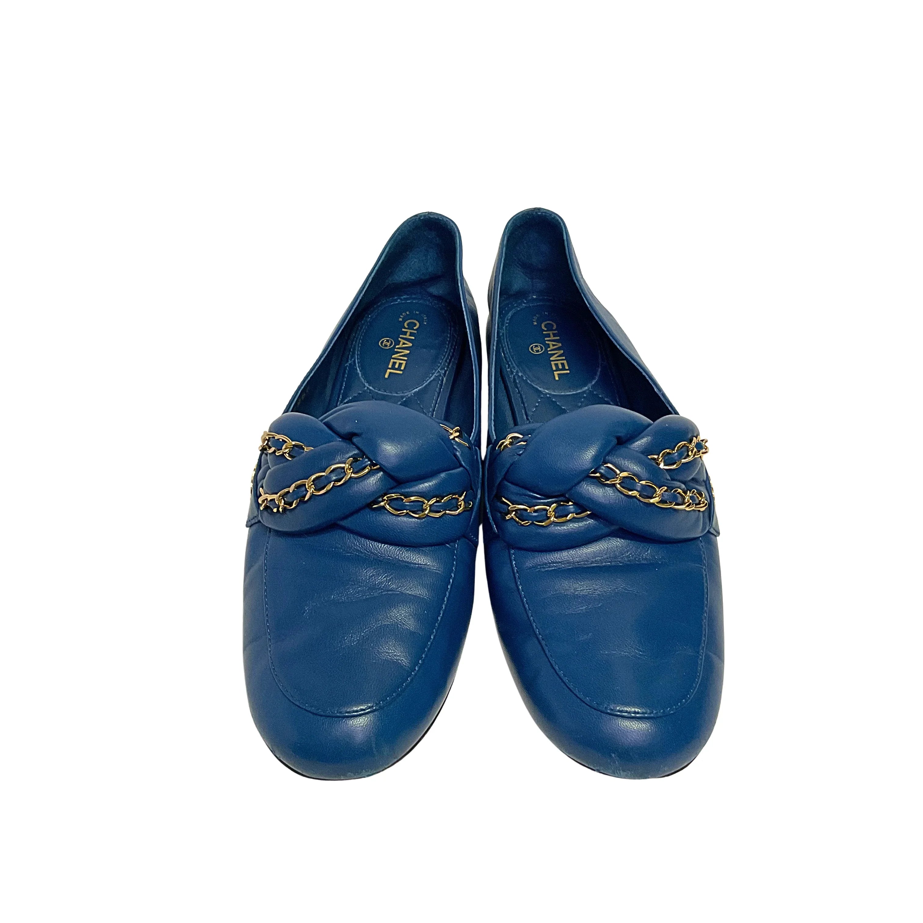 Chanel Braided Interlocking CC Loafers Blue Flats Size 38 - Lost Designer
