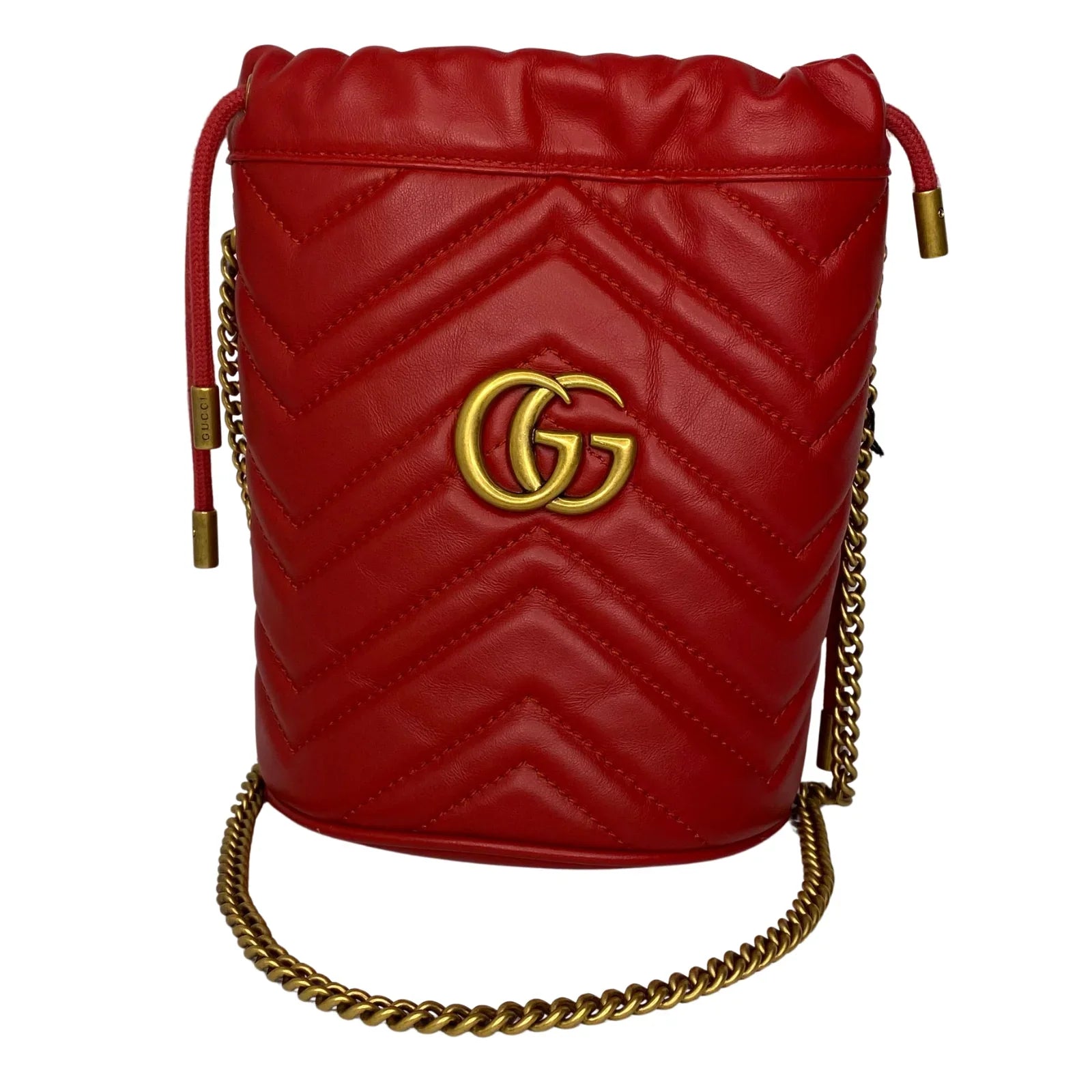 Gucci Calfskin Matelassé Mini GG Marmont Bucket Bag – Hibiscus Red - Lost Designer