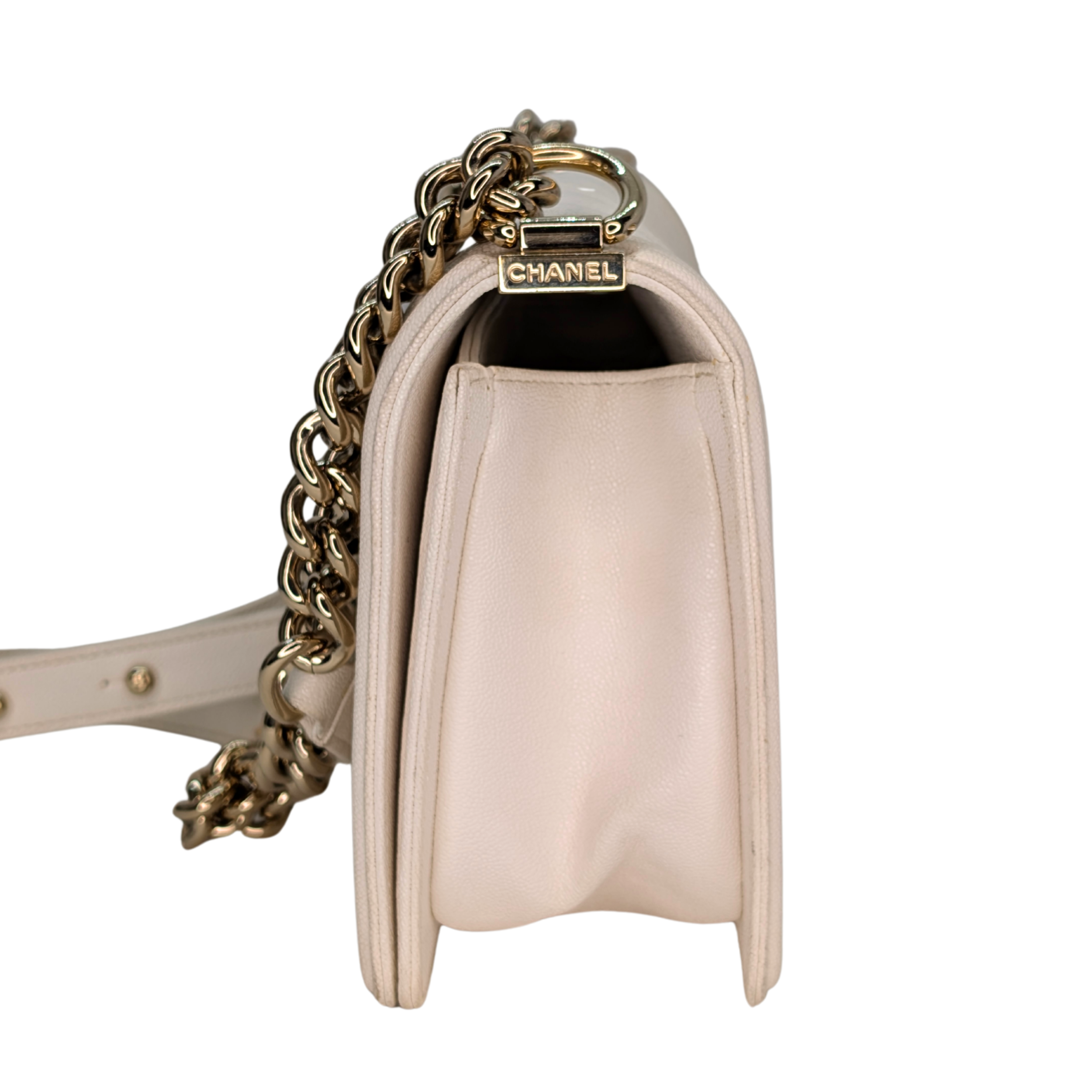 Chanel Caviar Chevron Quilted New Medium Boy Flap White