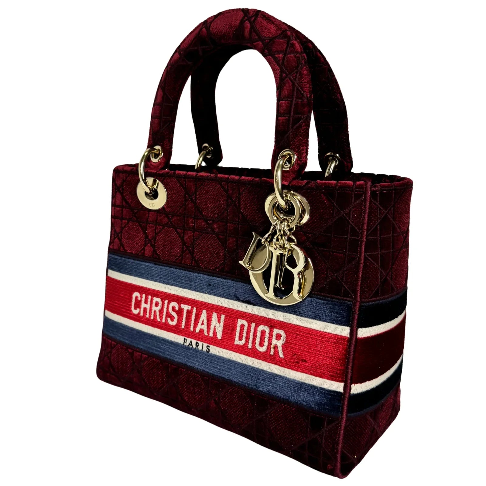 Christian Dior Velvet Cannage Medium Lady D-Lite Bag Burguandy - Lost Designer