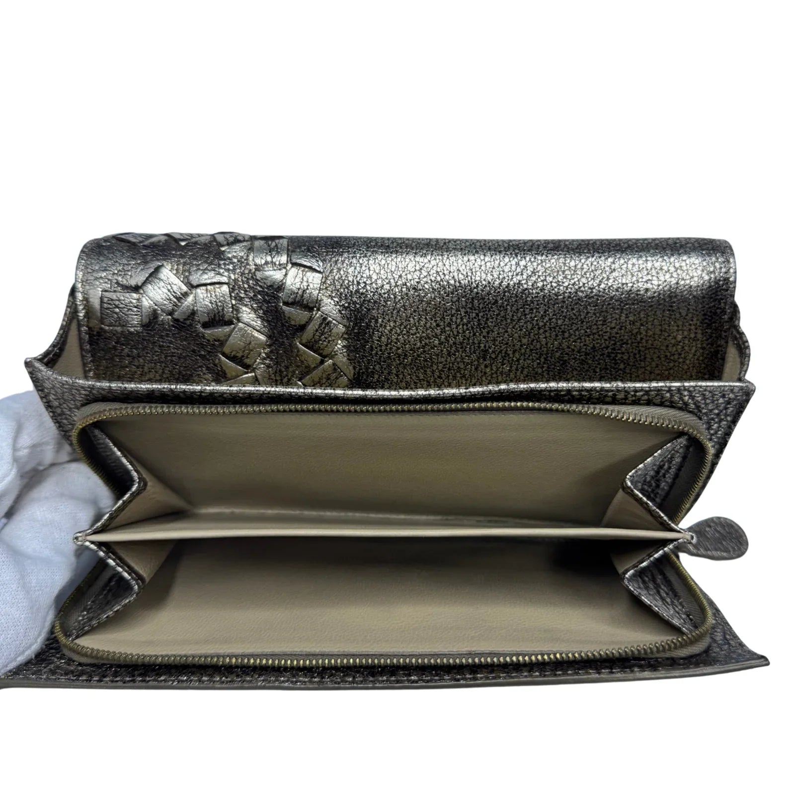 Bottega Veneta Metallic Pewter Woven and Pebbled Leather Long Wallet - Lost Designer
