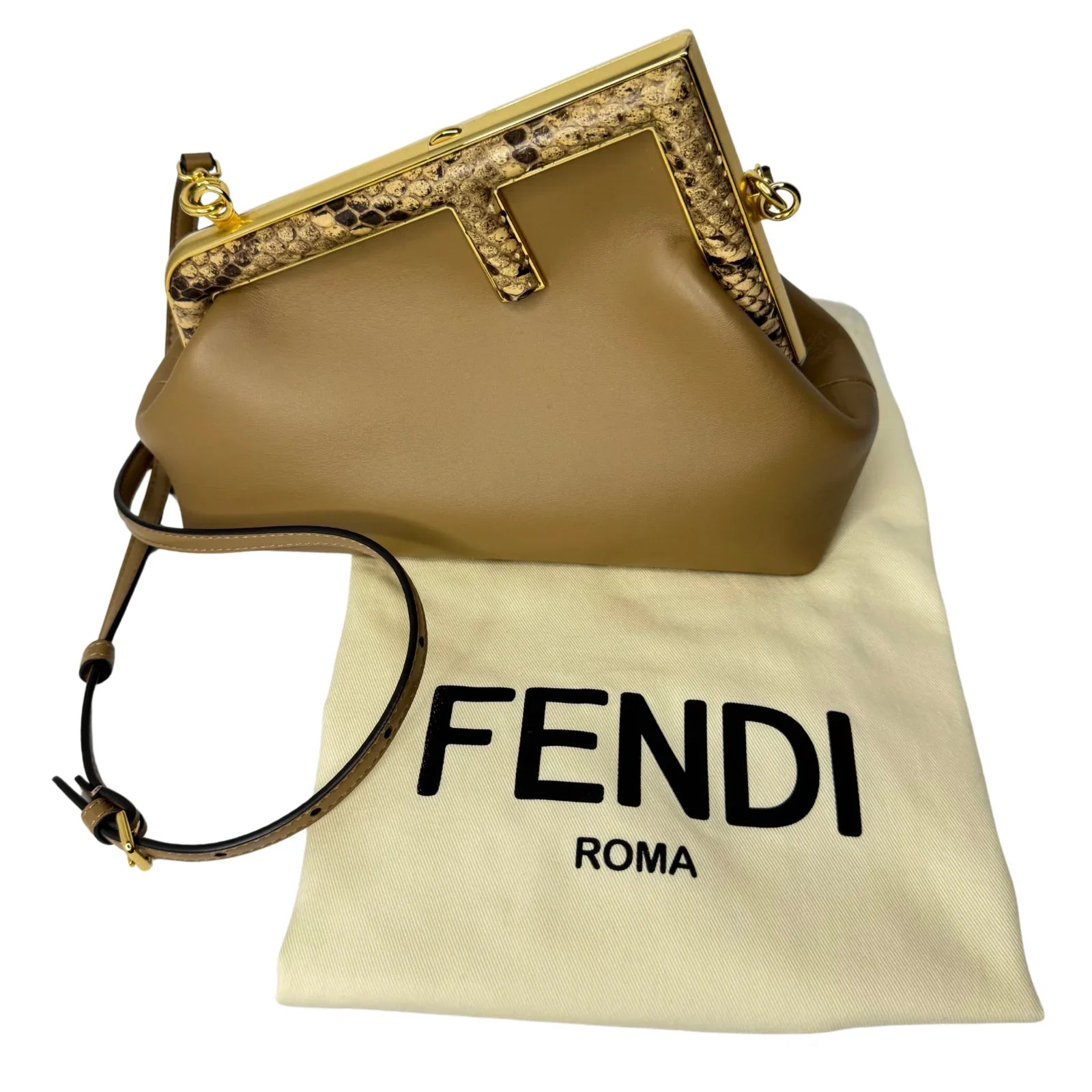 Fendi First Small Shiny Nappa Beige Snakeskin Lambskin Crossbody Bag - Lost Designer