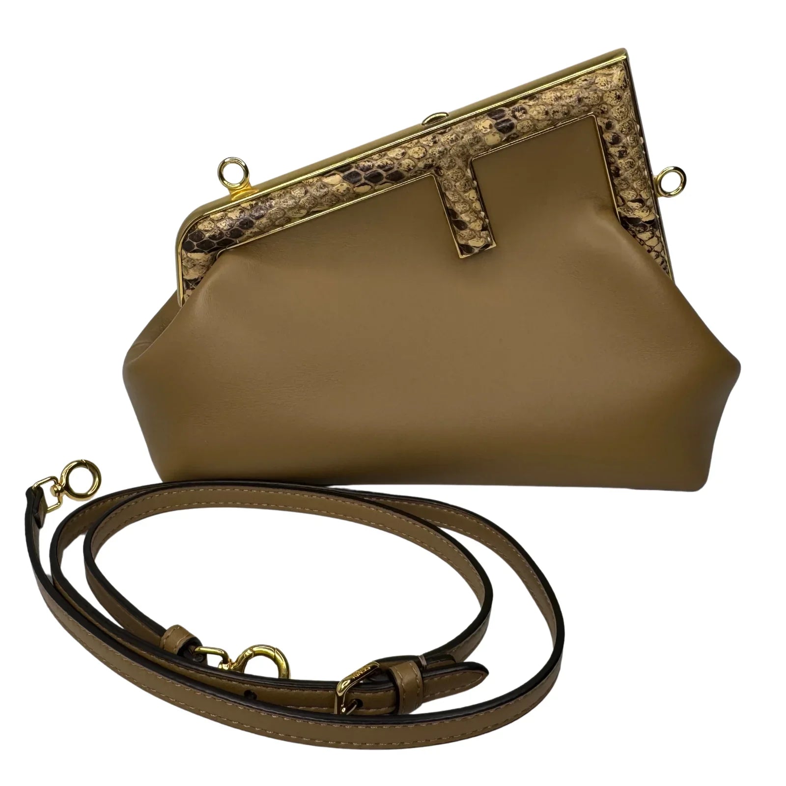 Fendi First Small Shiny Nappa Beige Snakeskin Lambskin Crossbody Bag - Lost Designer