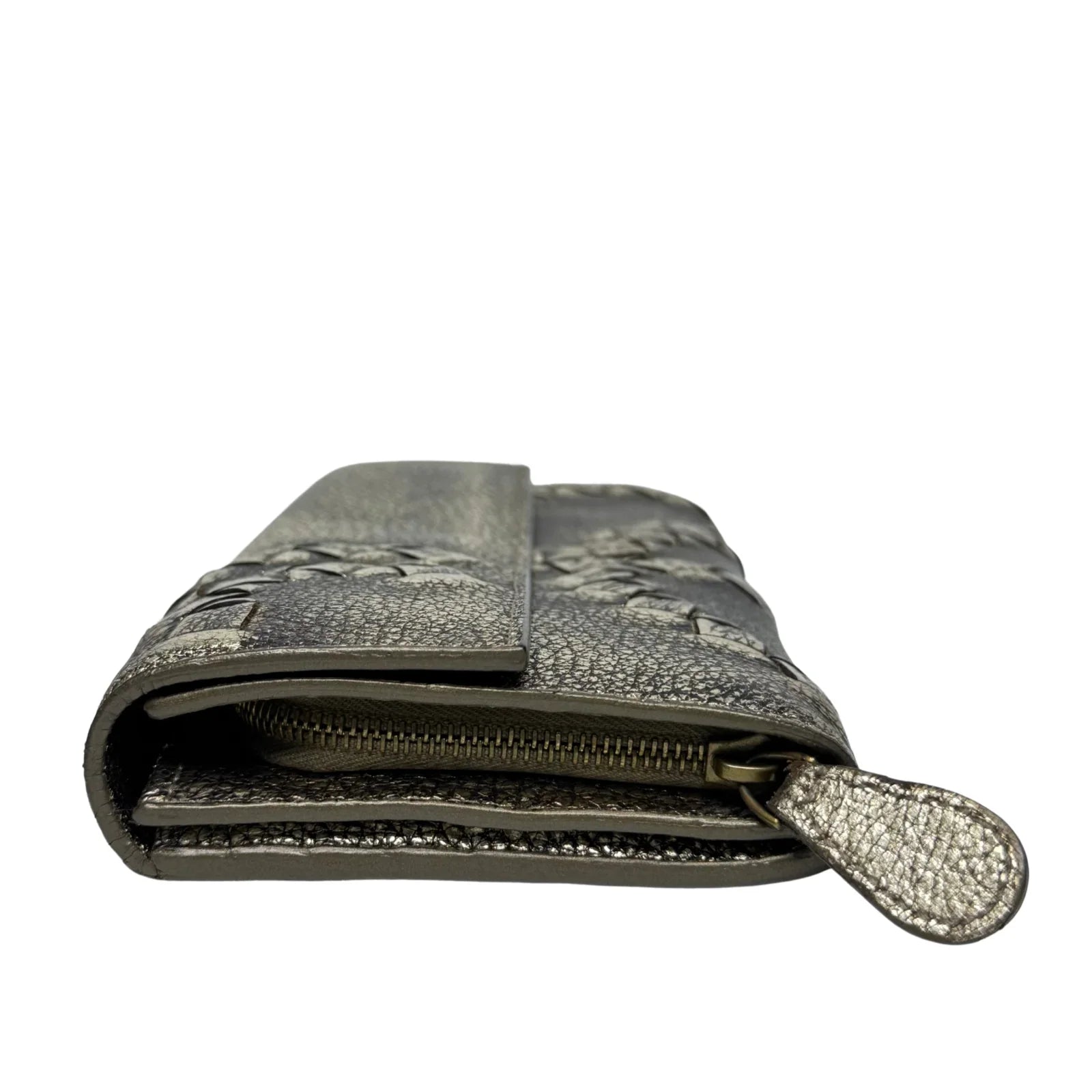 Bottega Veneta Metallic Pewter Woven and Pebbled Leather Long Wallet - Lost Designer