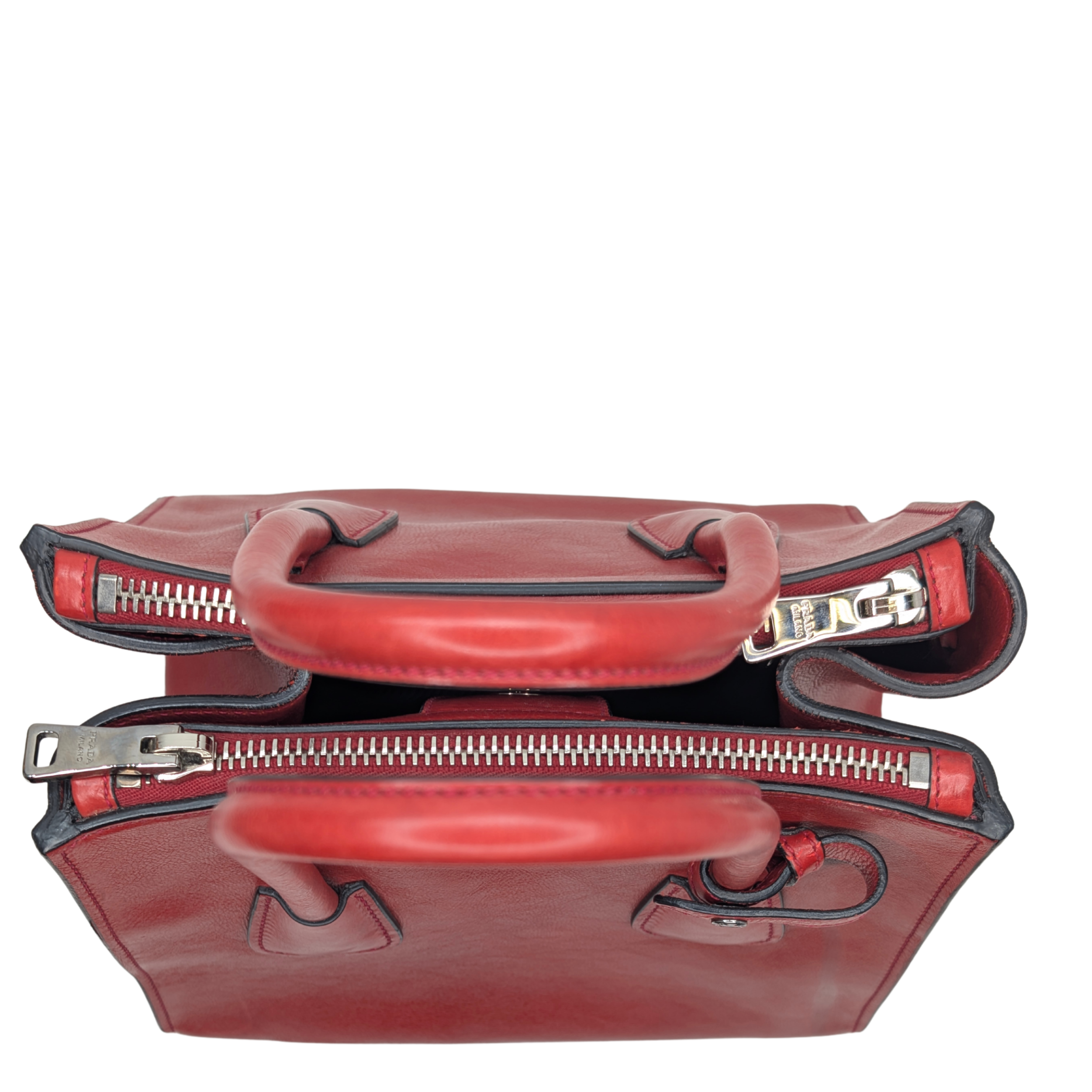 Prada Glace Calf Leather Twin Pocket Double Handle Tote Red