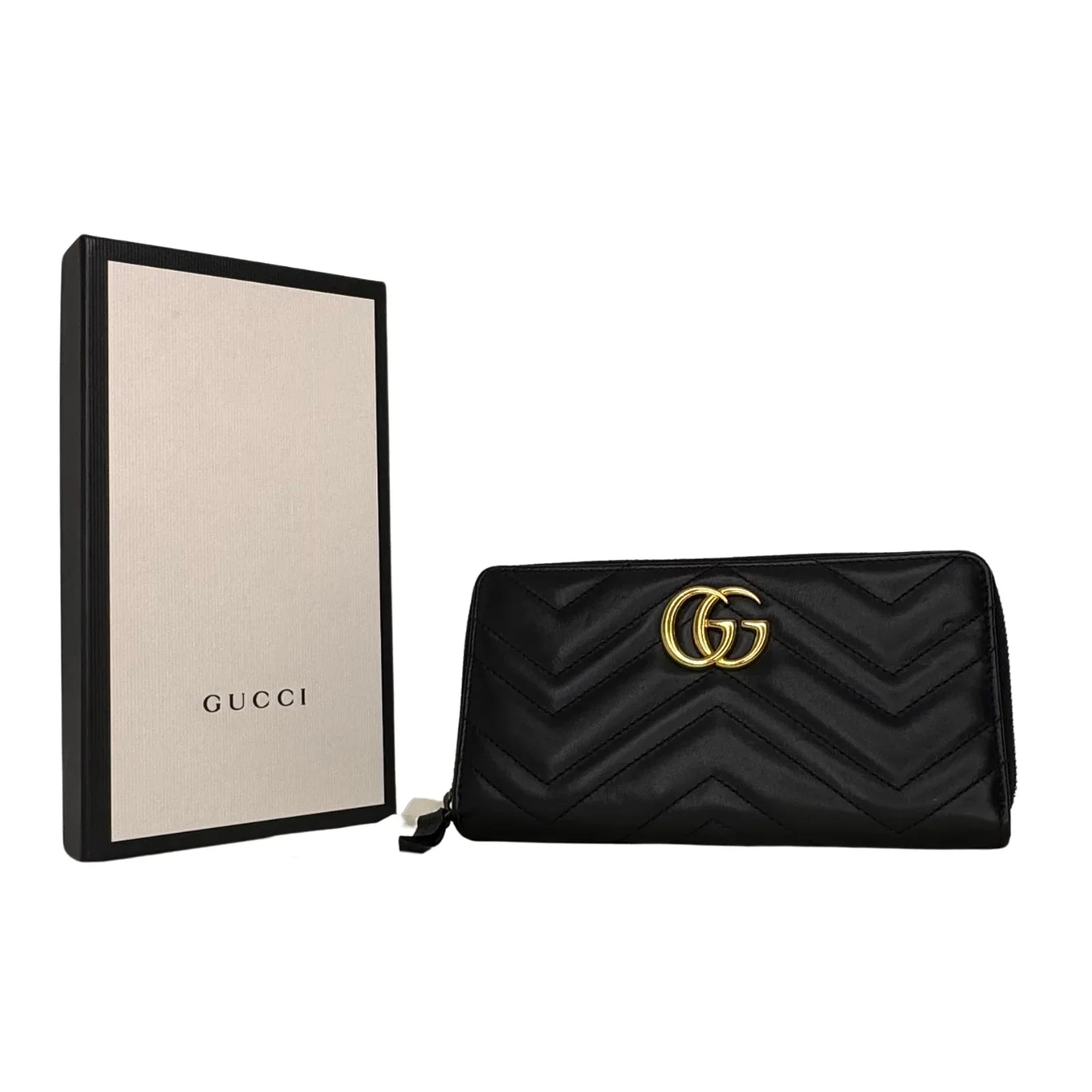 Gucci GG Marmont Zip-Around Long Wallet Black Matelassé Chevron Leather - Lost Designer