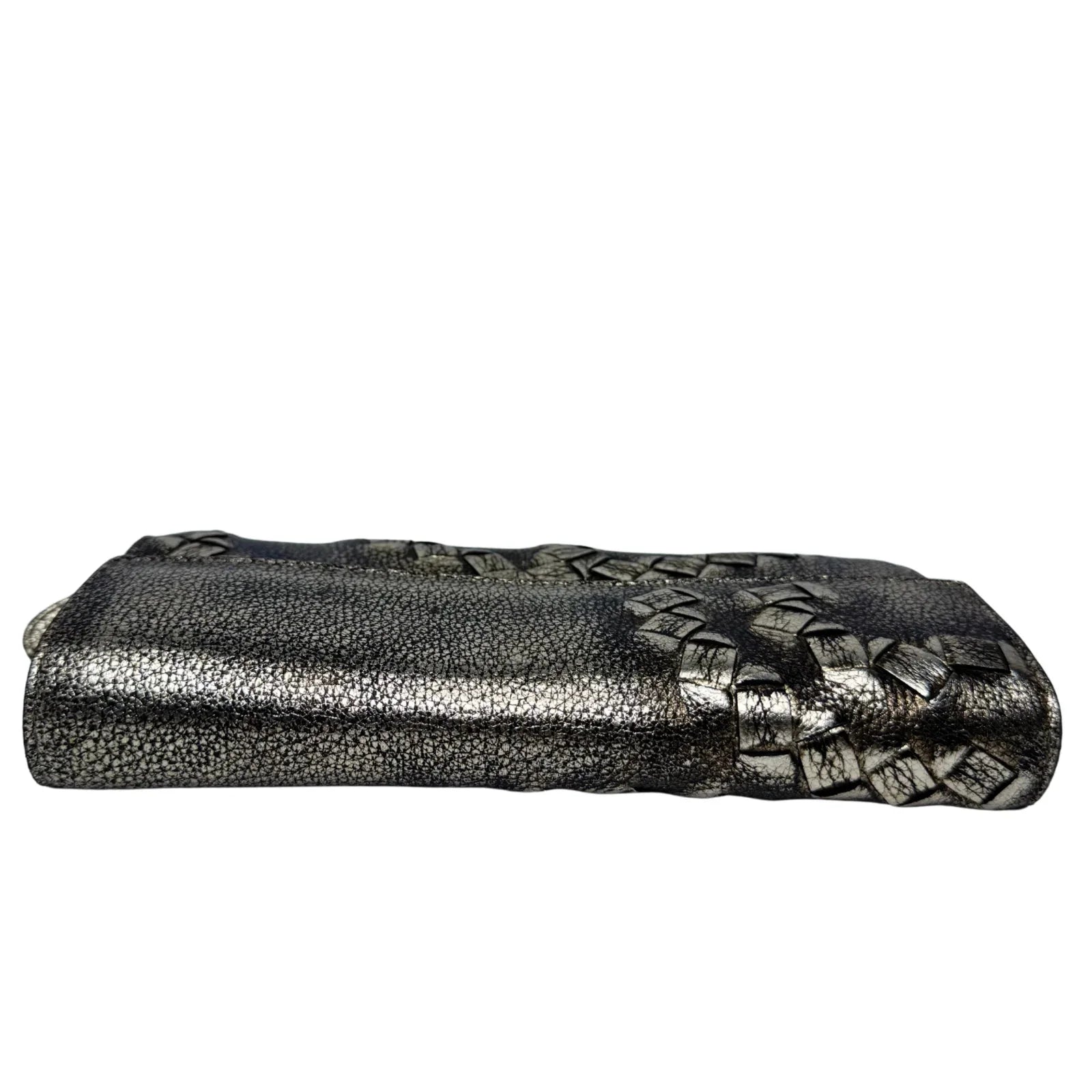 Bottega Veneta Metallic Pewter Woven and Pebbled Leather Long Wallet - Lost Designer
