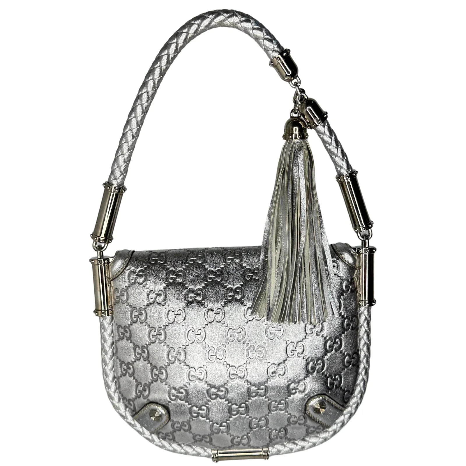 Gucci Guccissima Small Britt Tassel Shoulder Bag – Silver - Lost Designer