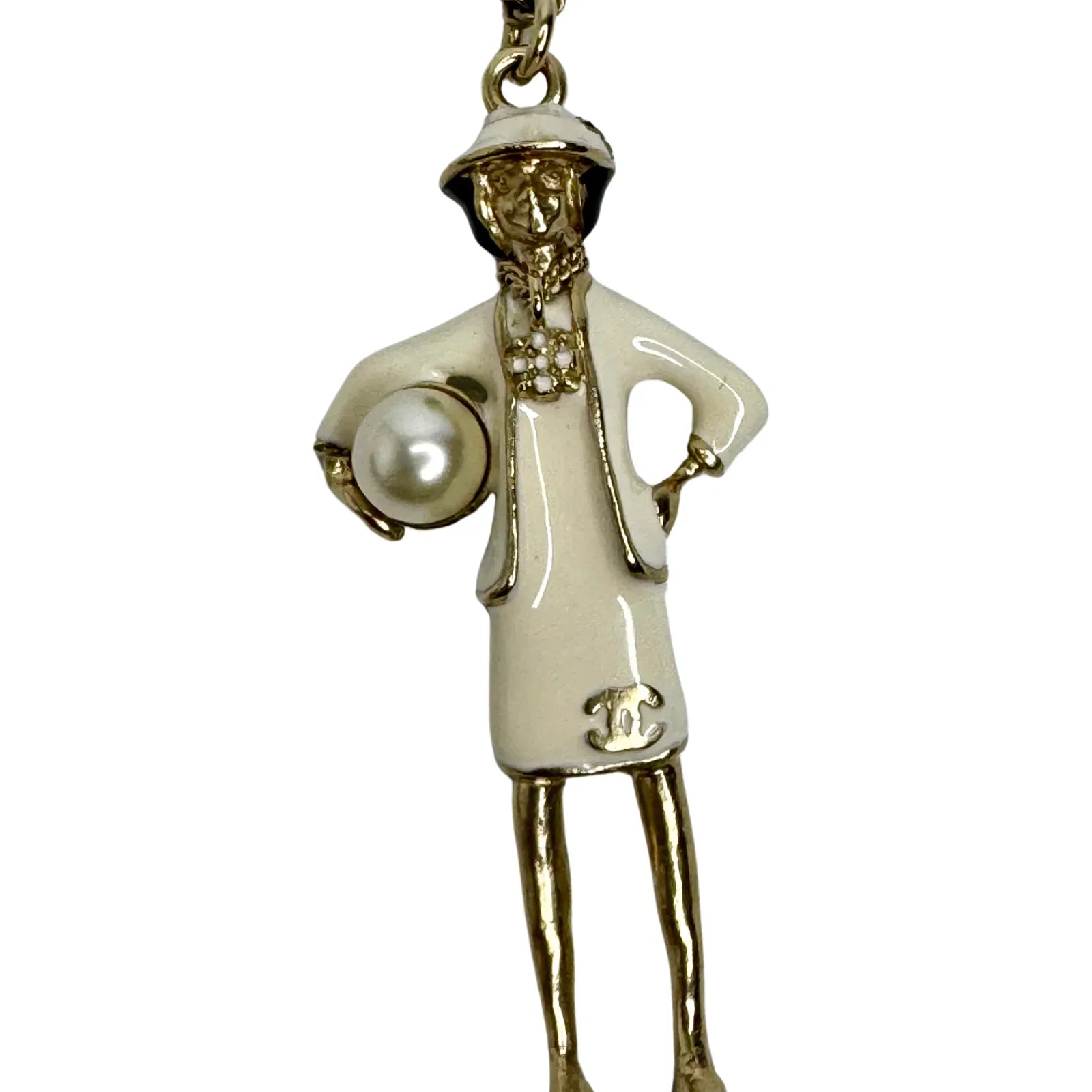Chanel Mademoiselle Figurine Enamel Pearl Coco CC Pendant Necklace - Lost Designer