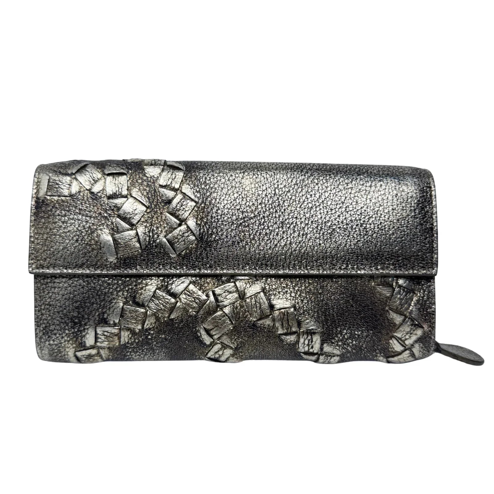Bottega Veneta Metallic Pewter Woven and Pebbled Leather Long Wallet - Lost Designer