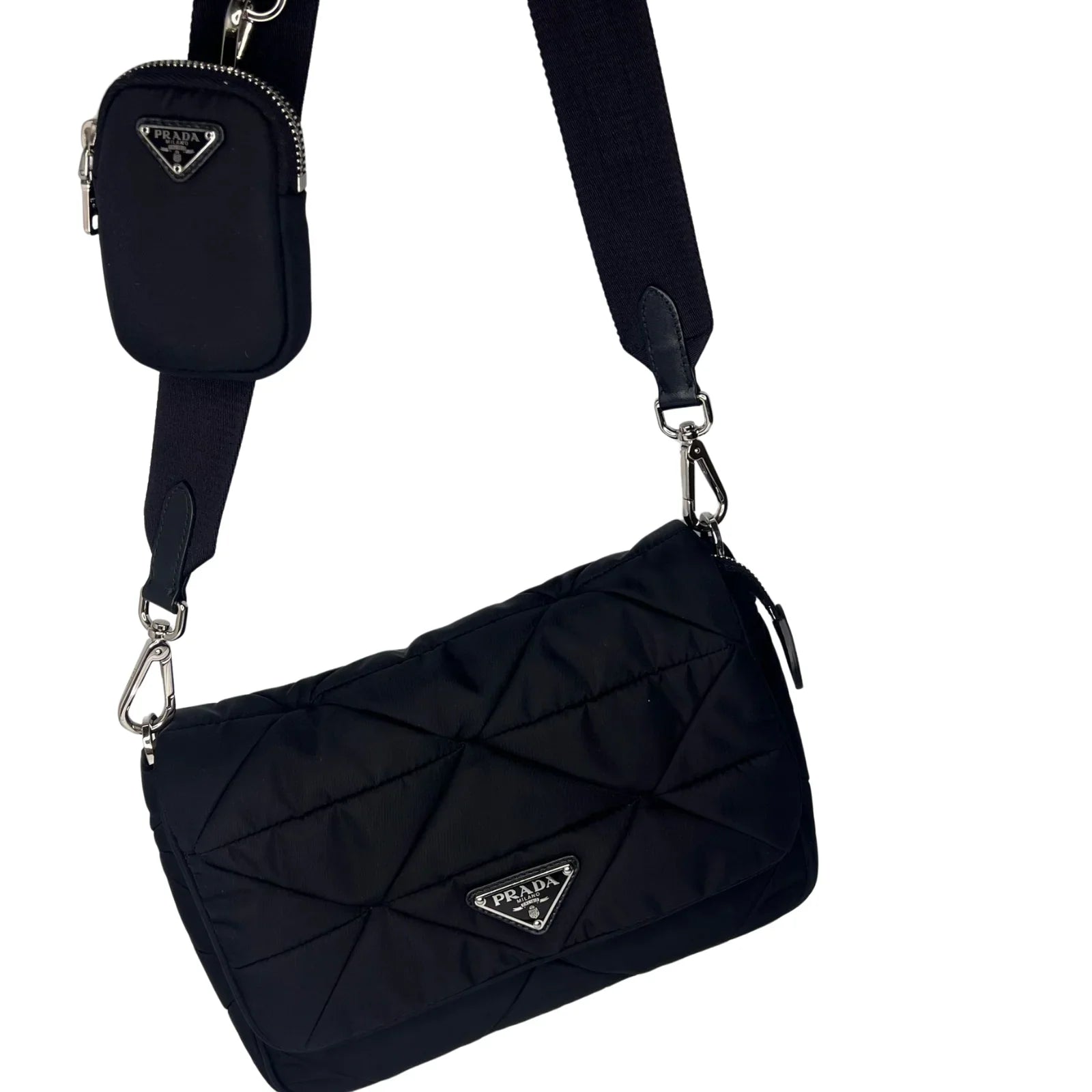 Prada Quilted Re-Nylon Crossbody Bag with Detachable Pouch Black - Lost Designer