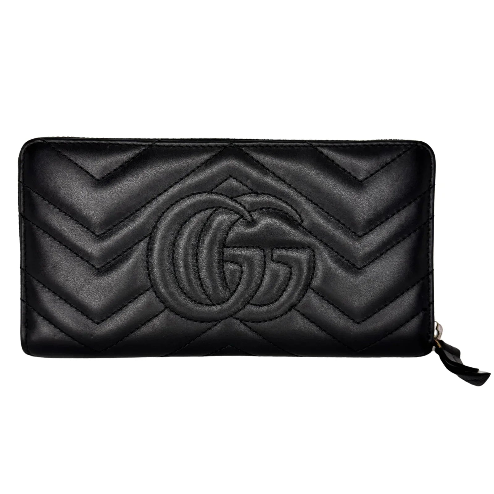 Gucci GG Marmont Zip-Around Long Wallet Black Matelassé Chevron Leather - Lost Designer