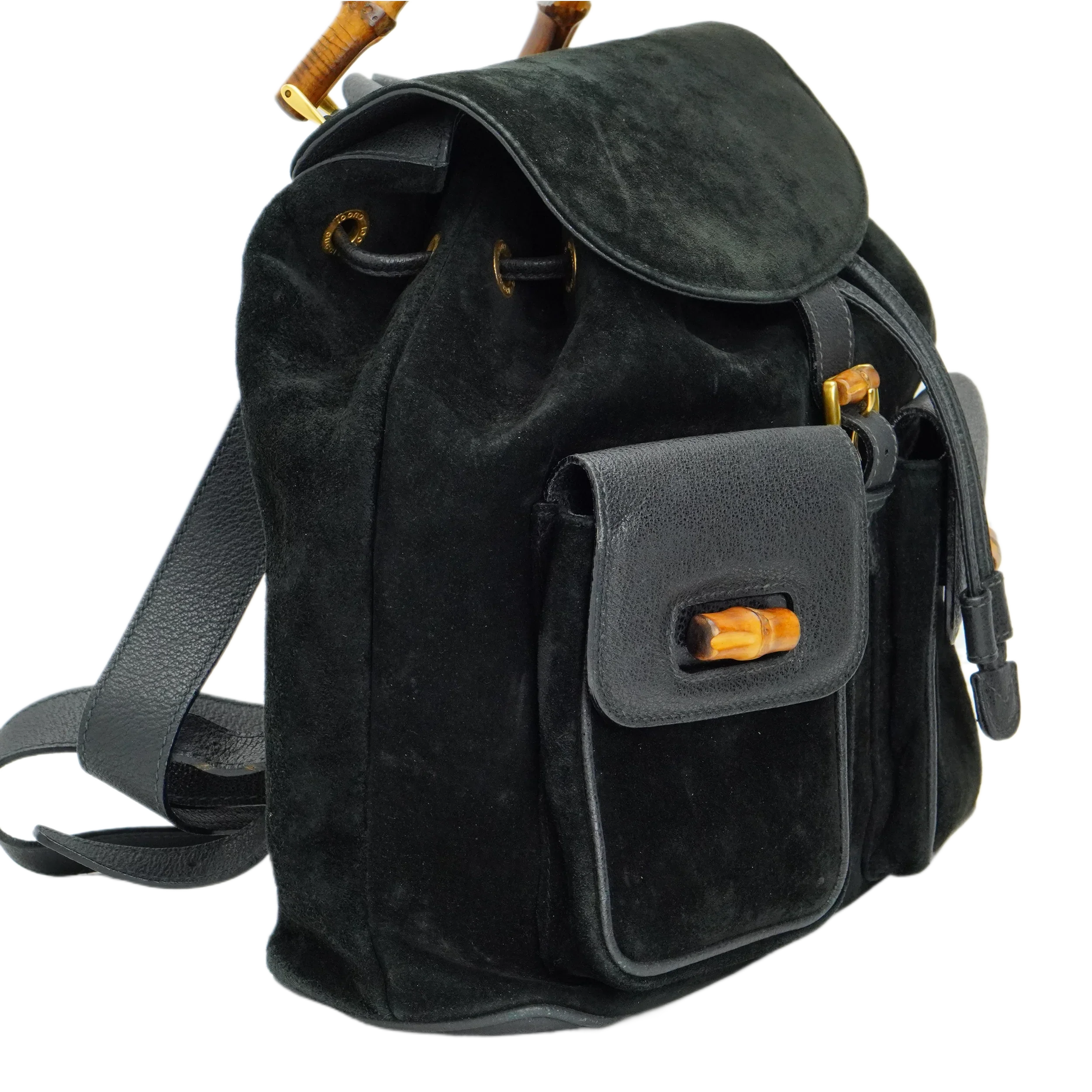 Gucci Black Bamboo/Suede Backpack Bag - Lost Designer