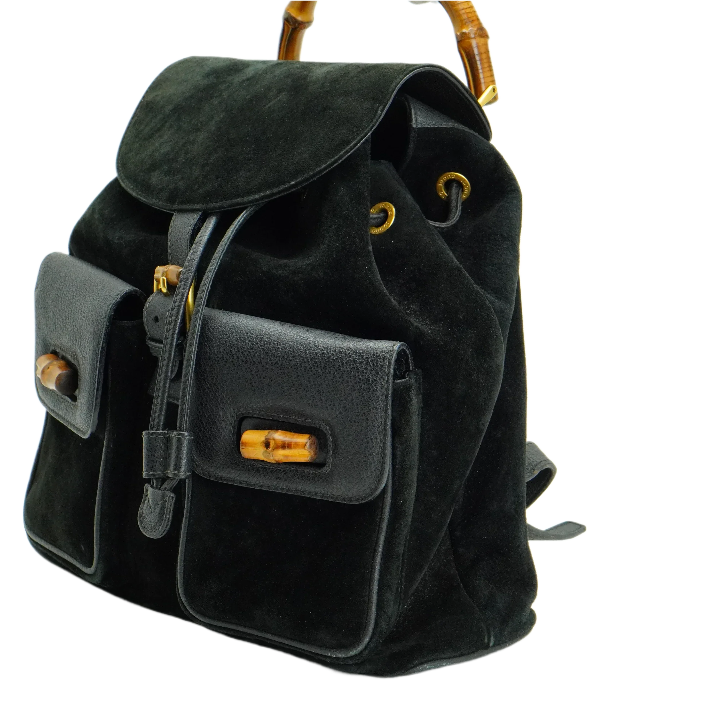 Gucci Black Bamboo/Suede Backpack Bag - Lost Designer