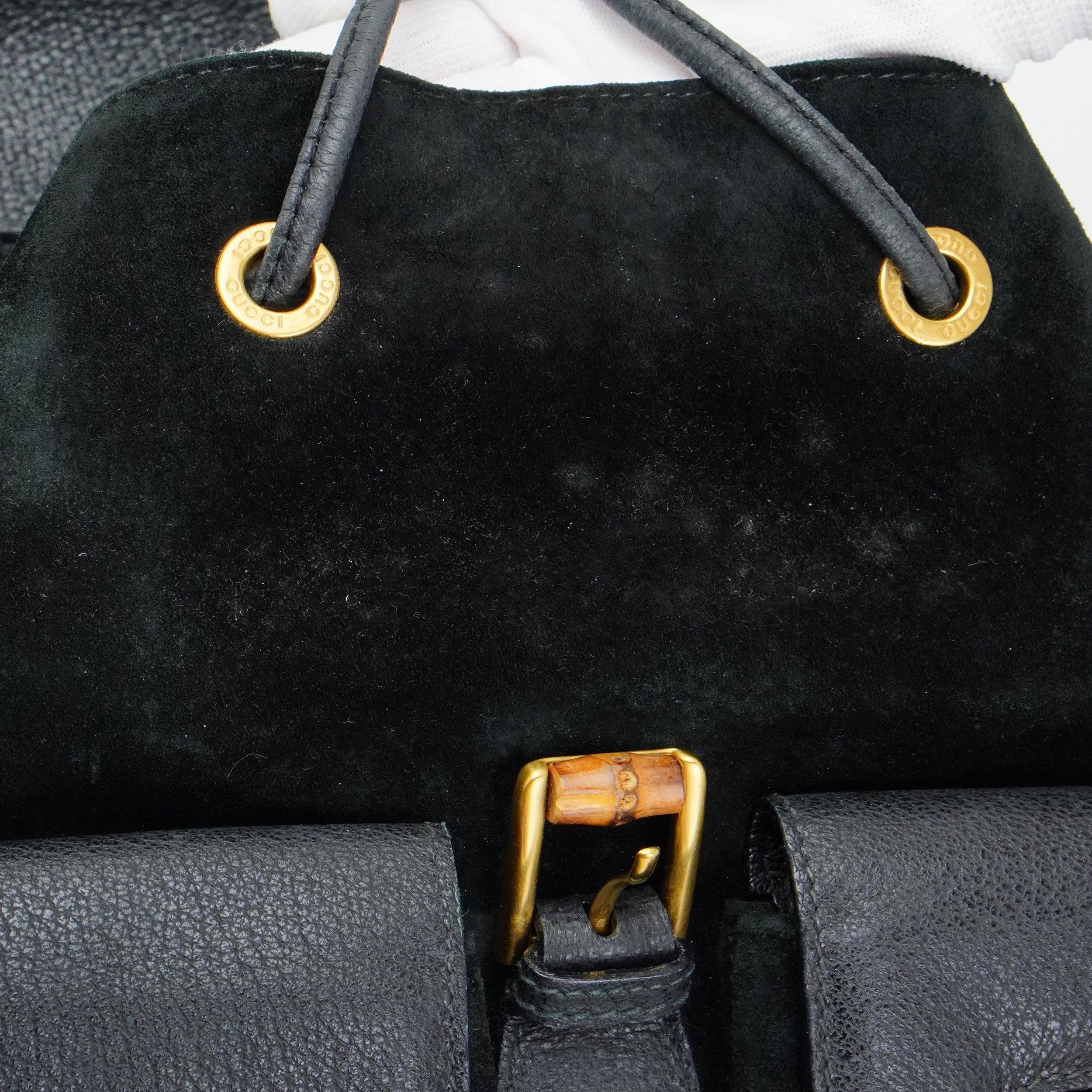 Gucci Black Bamboo/Suede Backpack Bag - Lost Designer