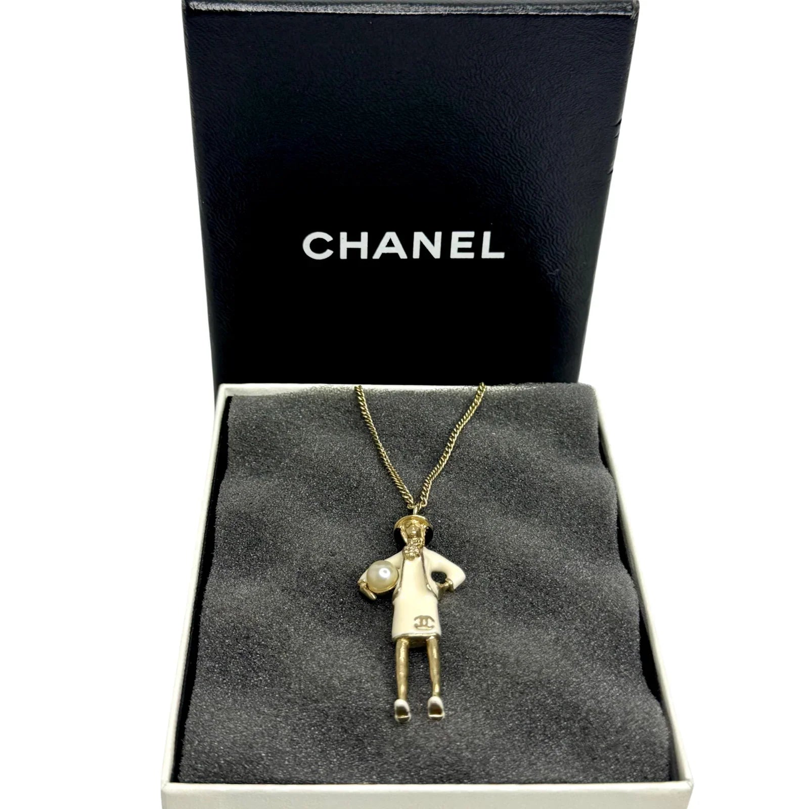 Chanel Mademoiselle Figurine Enamel Pearl Coco CC Pendant Necklace - Lost Designer
