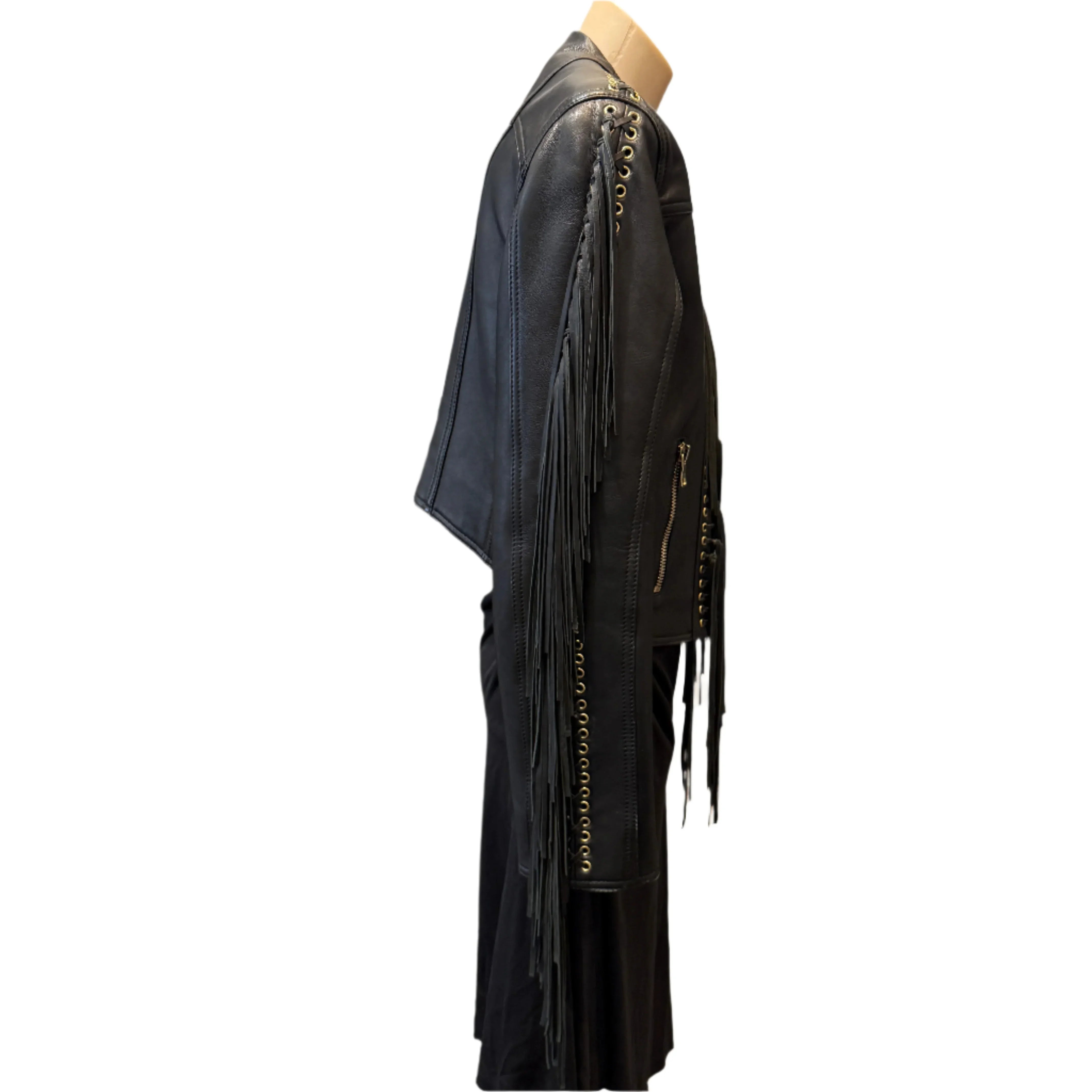 Balmain Leather Fringe Biker Jacket Size 42 - Lost Designer