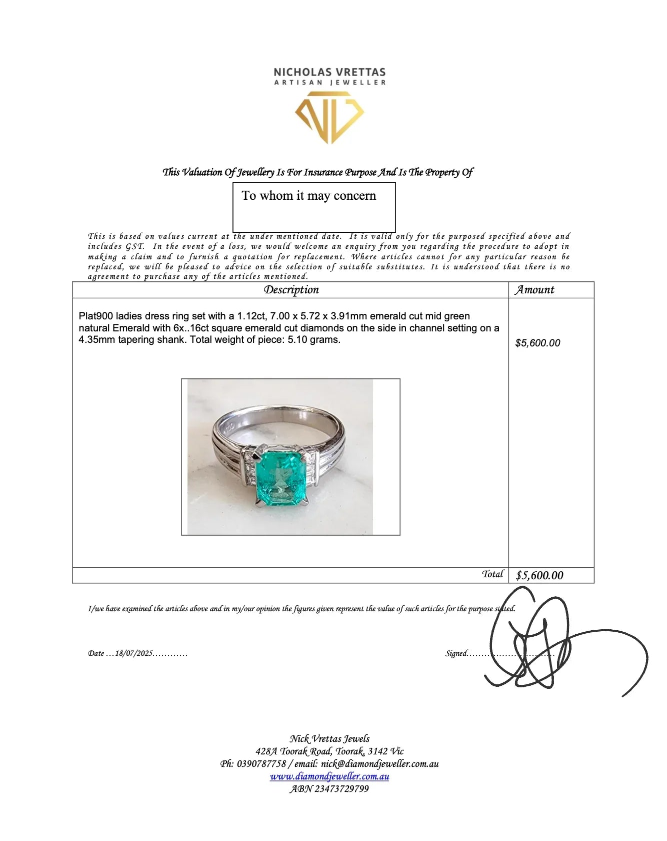 Platinum 900 Natural Emerald 1.12CT & Diamond 0.16CT Three Stone Ring SIZE P½ - Lost Designer
